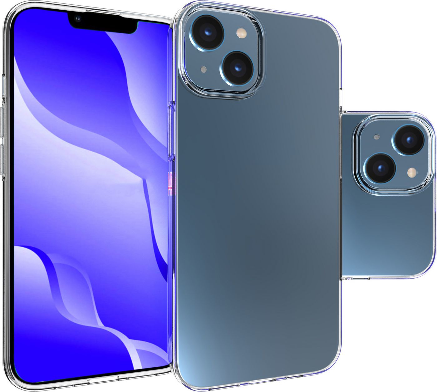 Tre telefoni con una custodia trasparente, che mostrano uno schermo blu e viola con una tripla fotocamera.