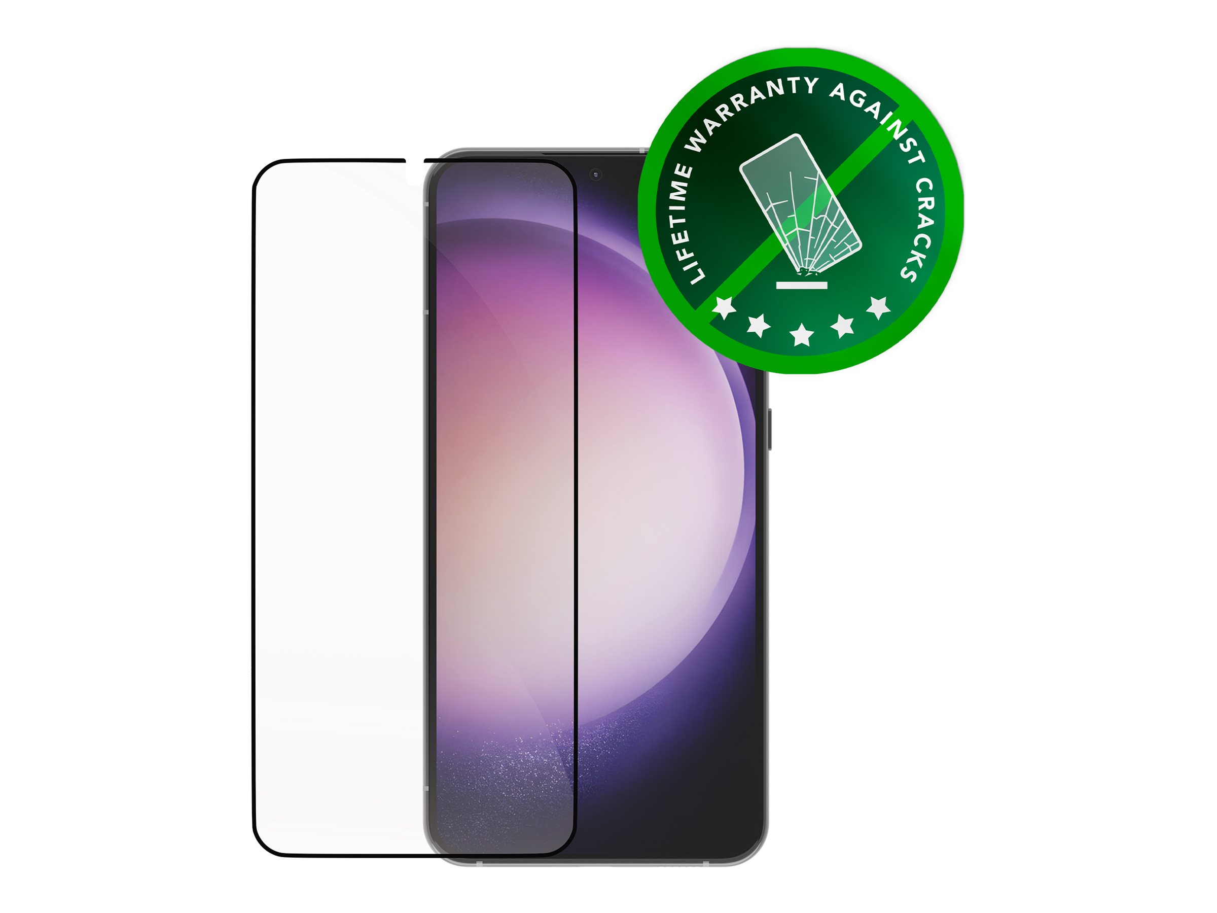 Smartphone con protezione schermo accanto. Protezione ha etichetta di garanzia verde.