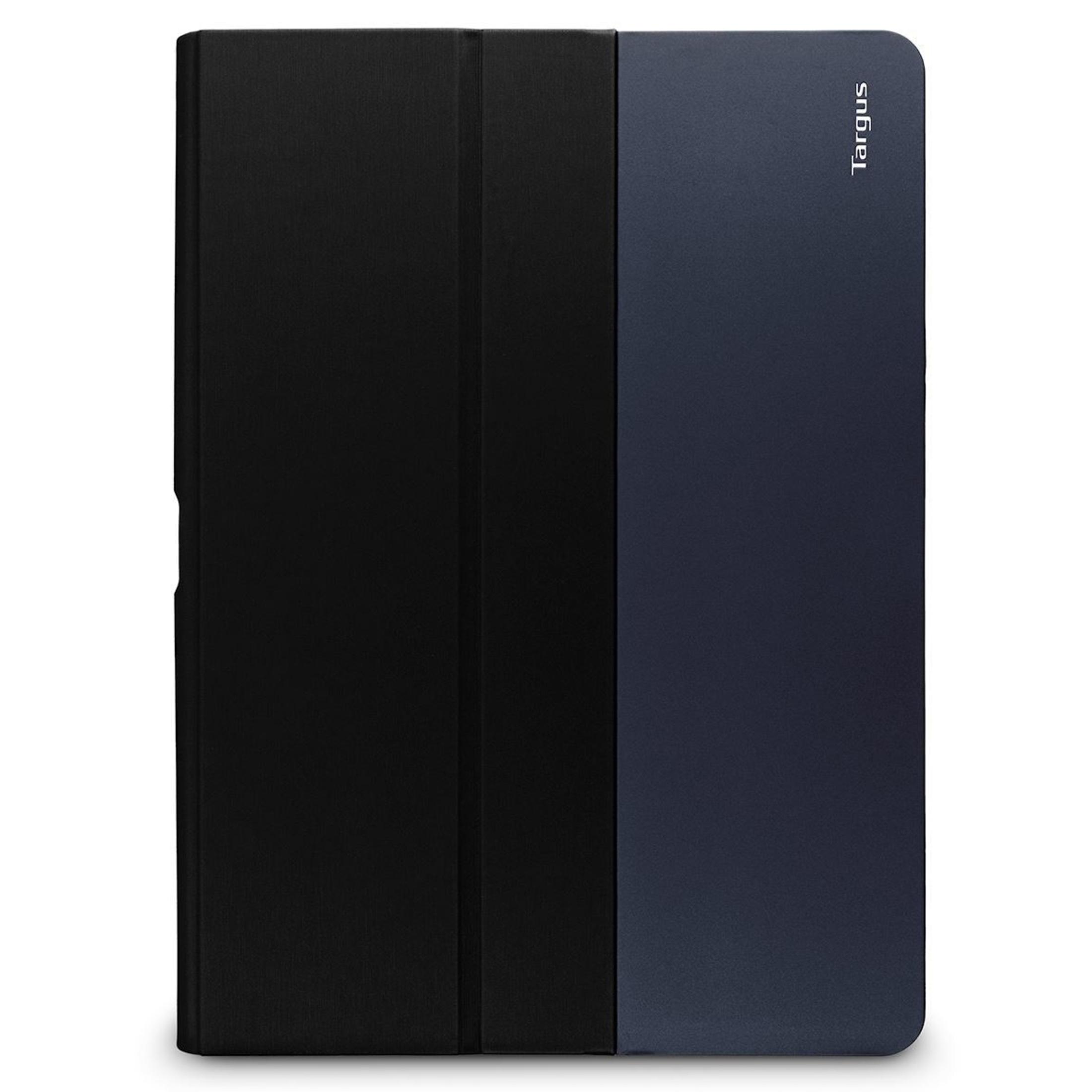 Funda para tableta negra y azul oscuro con logo Targus a la derecha, diseño vertical.
