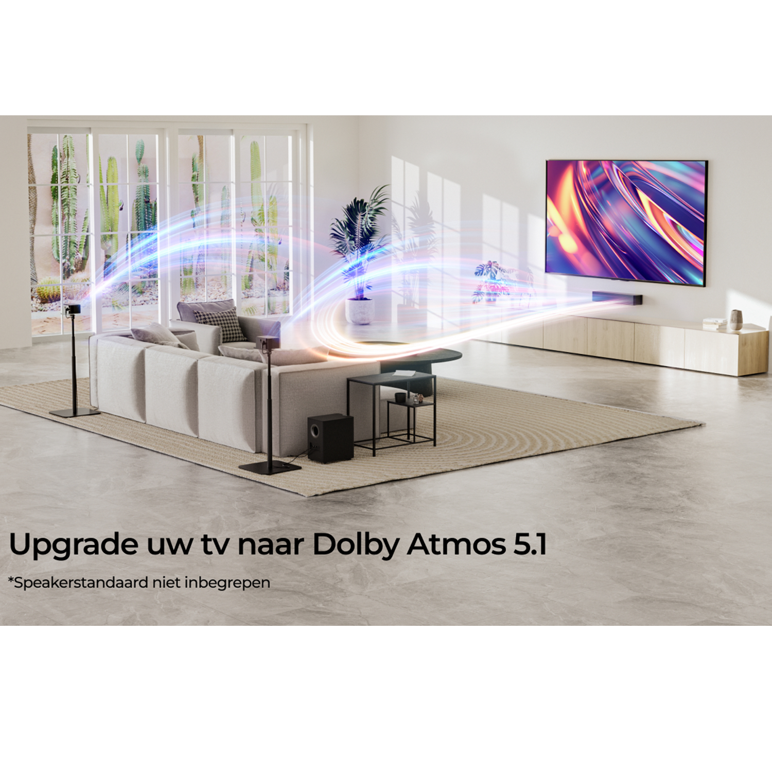Living room with TV, speakers, sofa, and carpet, with light beams.