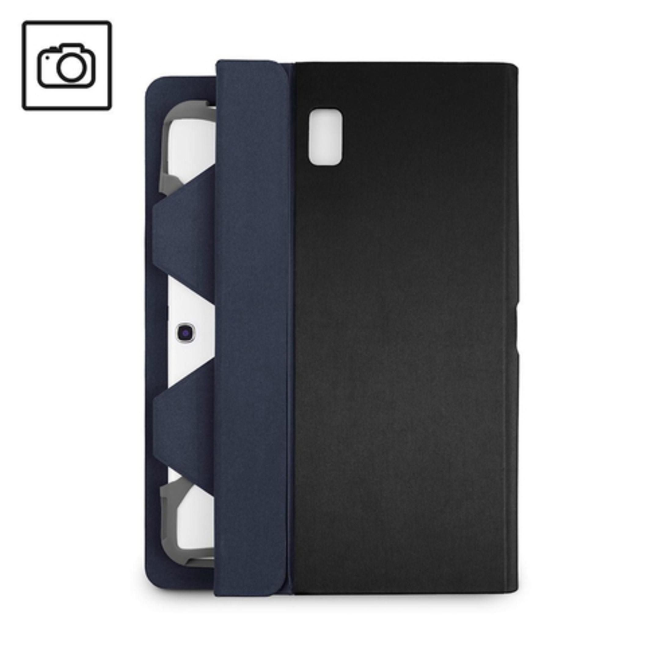 Funda para tableta con cubierta negra y solapa azul, con un icono de cámara.
