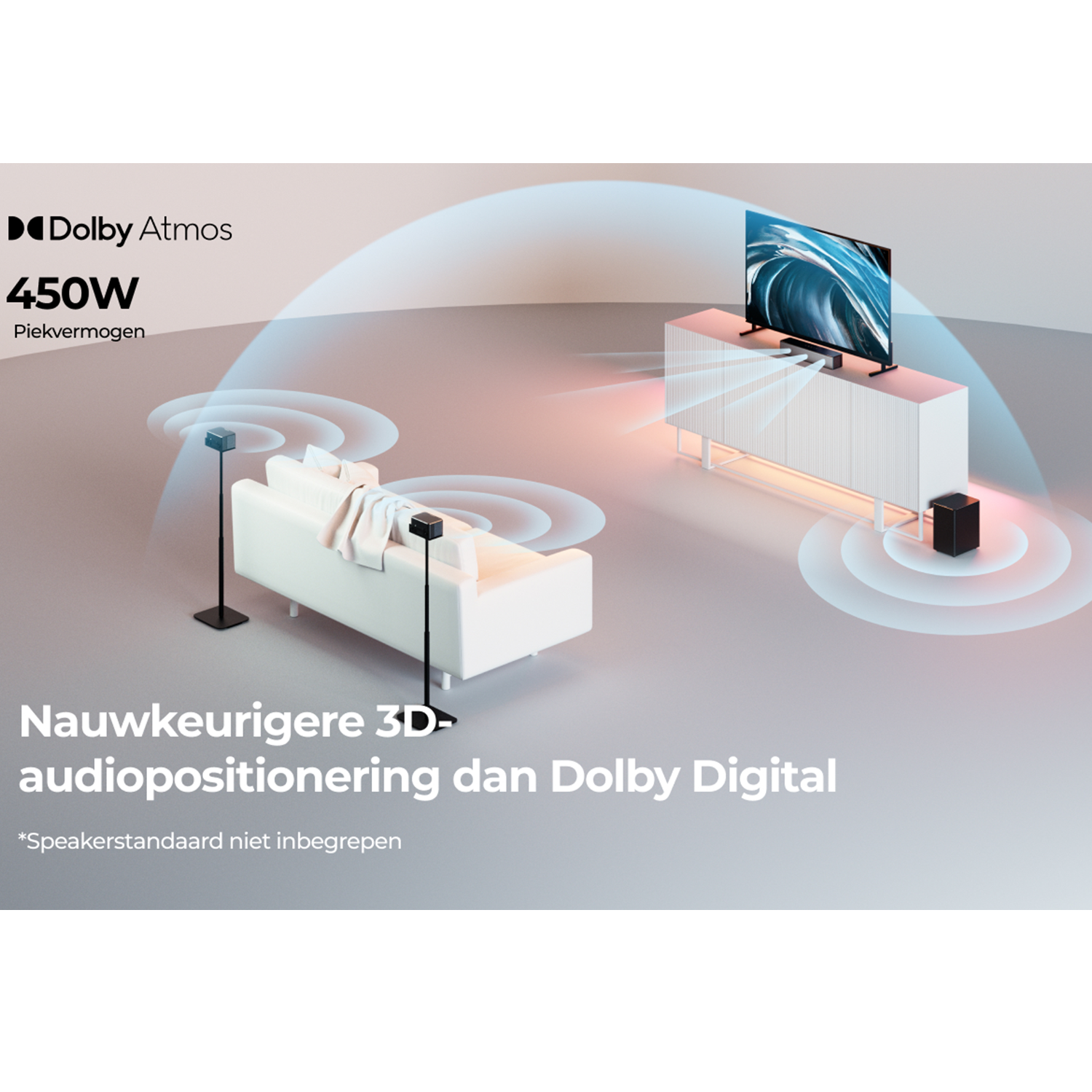 Living room with TV, speakers, sofa, and light beams, promoting Dolby Atmos.