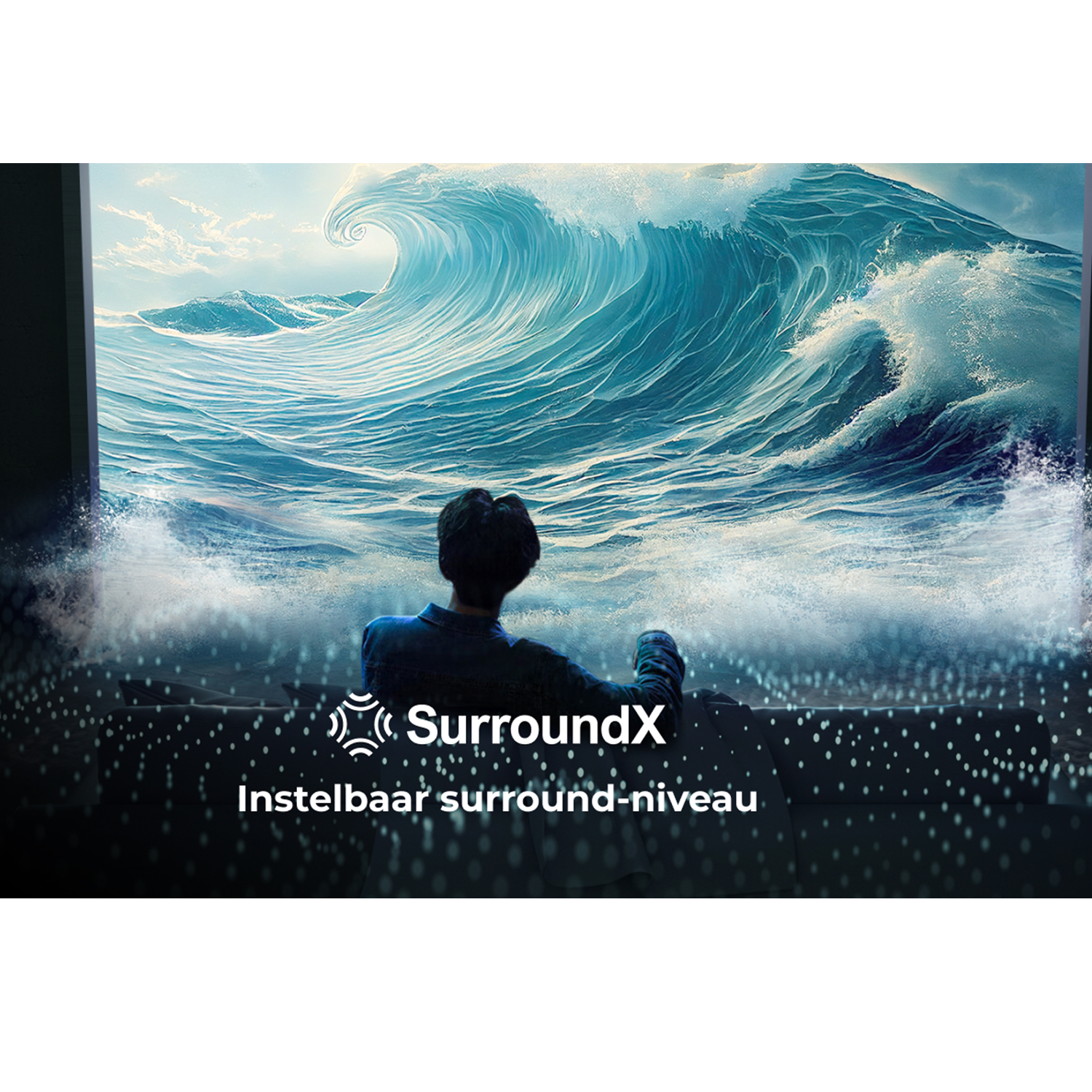 Person looking at a screen showing a large wave with a SurroundX logo.