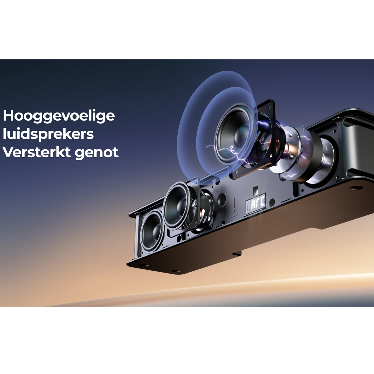 Black speaker with visible components and blue energy waves. Text on the left describes the speaker.
