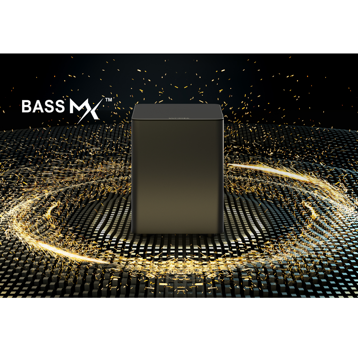 Black subwoofer with sparks around, marketing Bass MX.