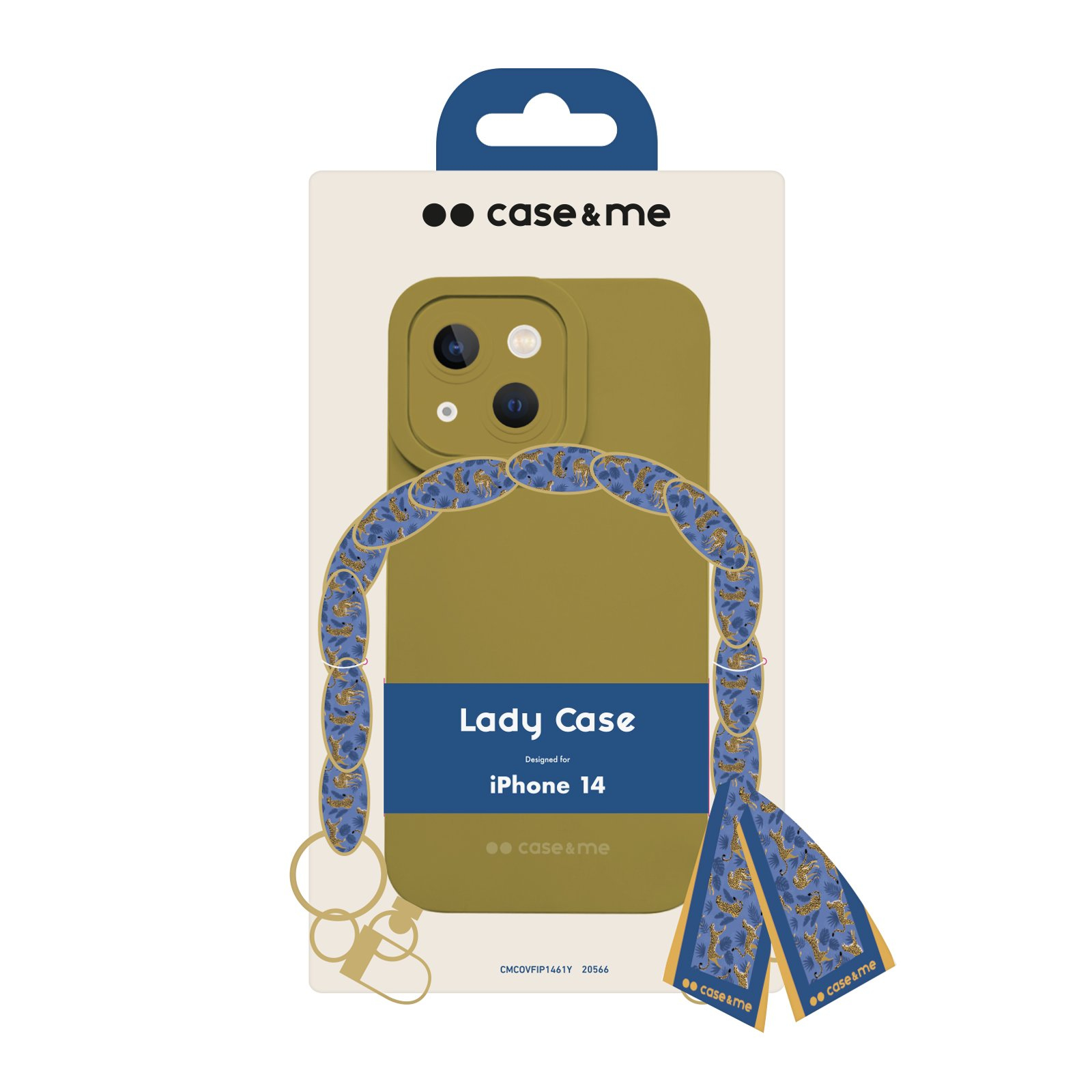 Lady Case per iPhone 14 con custodia verde oliva e cinturino blu.