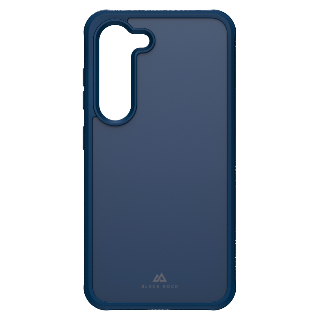 Custodia blu per telefono con cornice blu scuro e scritta "BLACK ROCK" in basso.