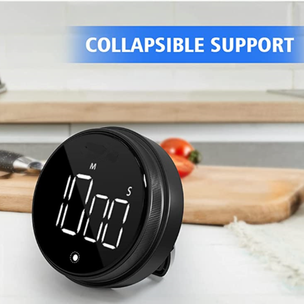 Digitaler Küchentimer mit schwarzem Gehäuse und weißem Bildschirm, auf Holzoberfläche.