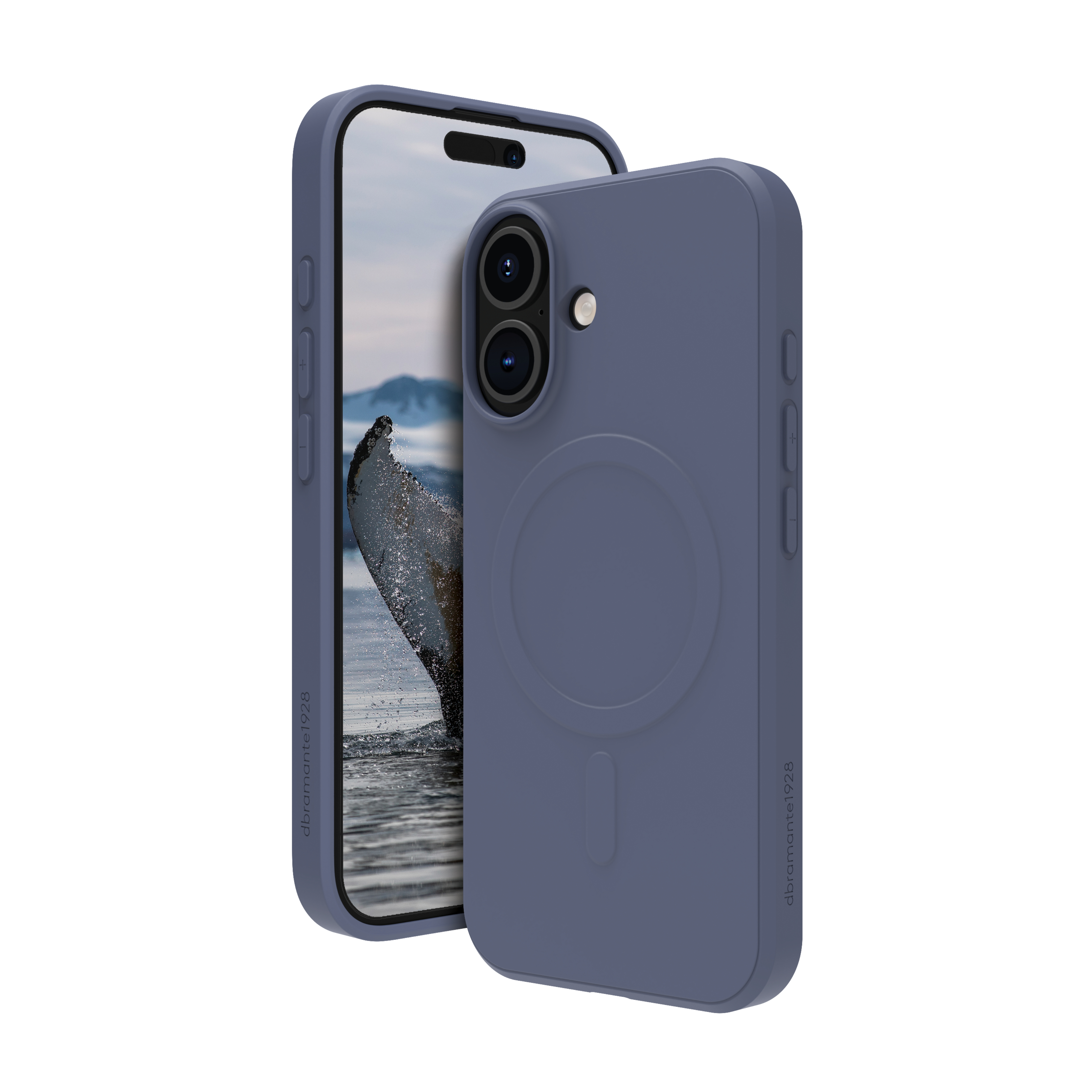 Telefono con coda di balena sullo schermo accanto a una custodia blu su sfondo bianco.