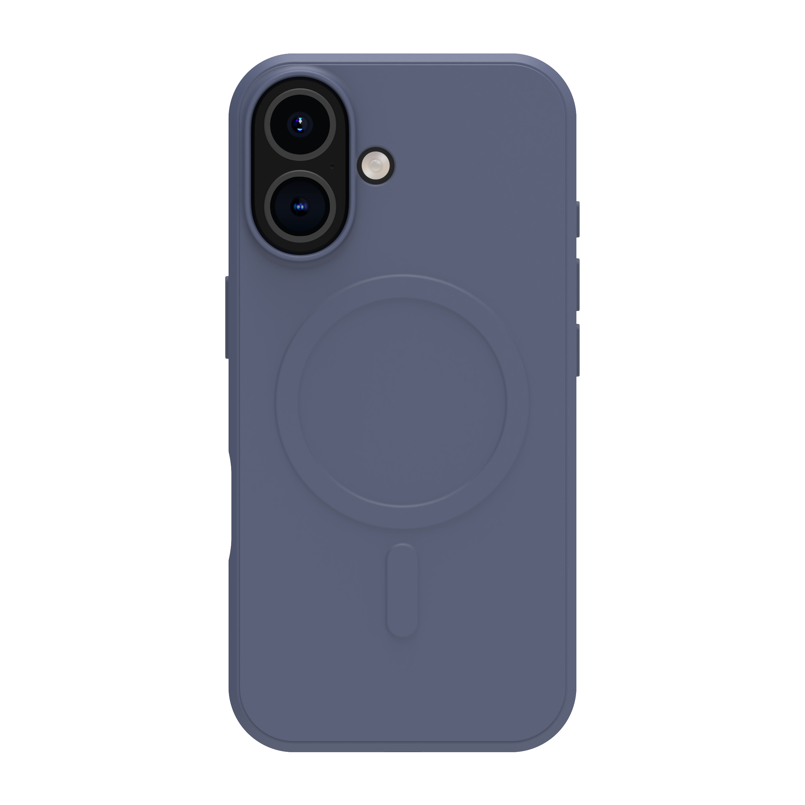 Custodia blu per telefono con fori per fotocamera e supporto magnetico circolare su sfondo bianco.