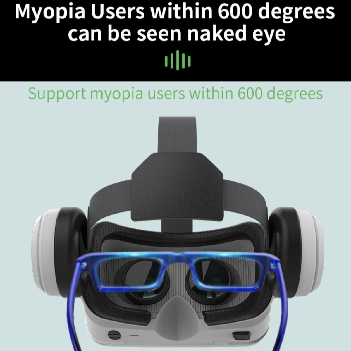 VR-Brille und blaue Brille auf hellblauem Hintergrund mit Text.