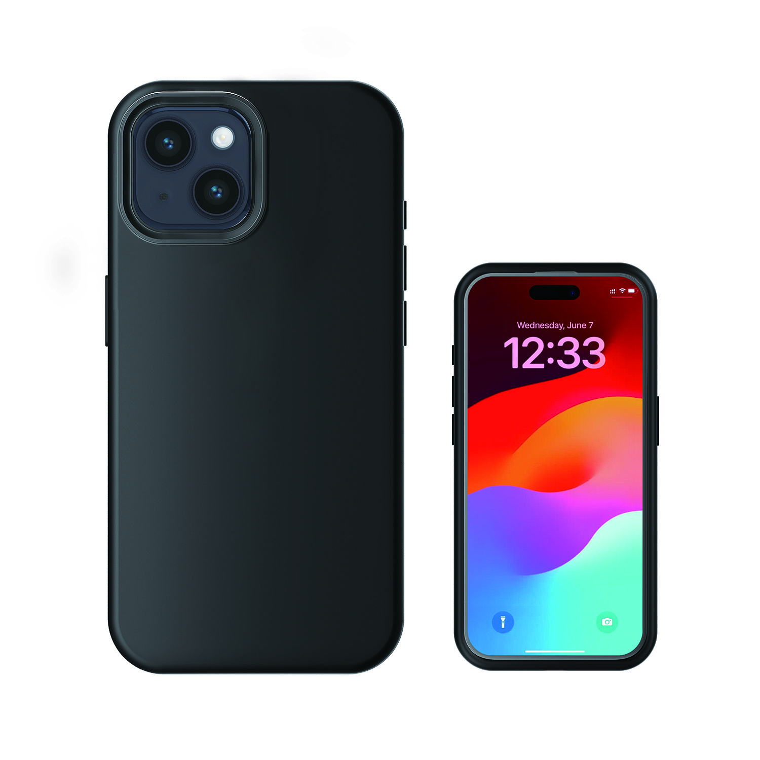 Schwarze Handyhülle und iPhone 14 auf weißem Hintergrund. Telefon zeigt Uhrzeit und Datum.