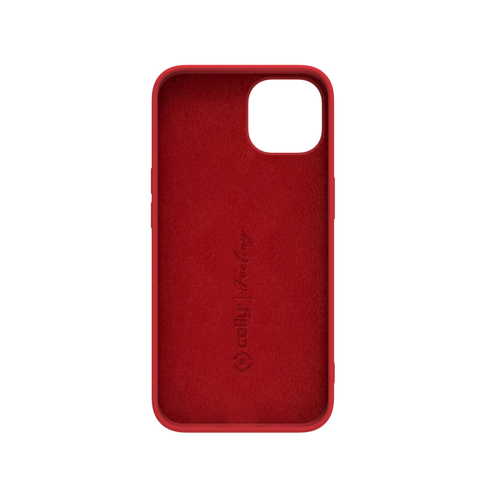 Interno di custodia rossa, con foro fotocamera e logo Celly Feelig.