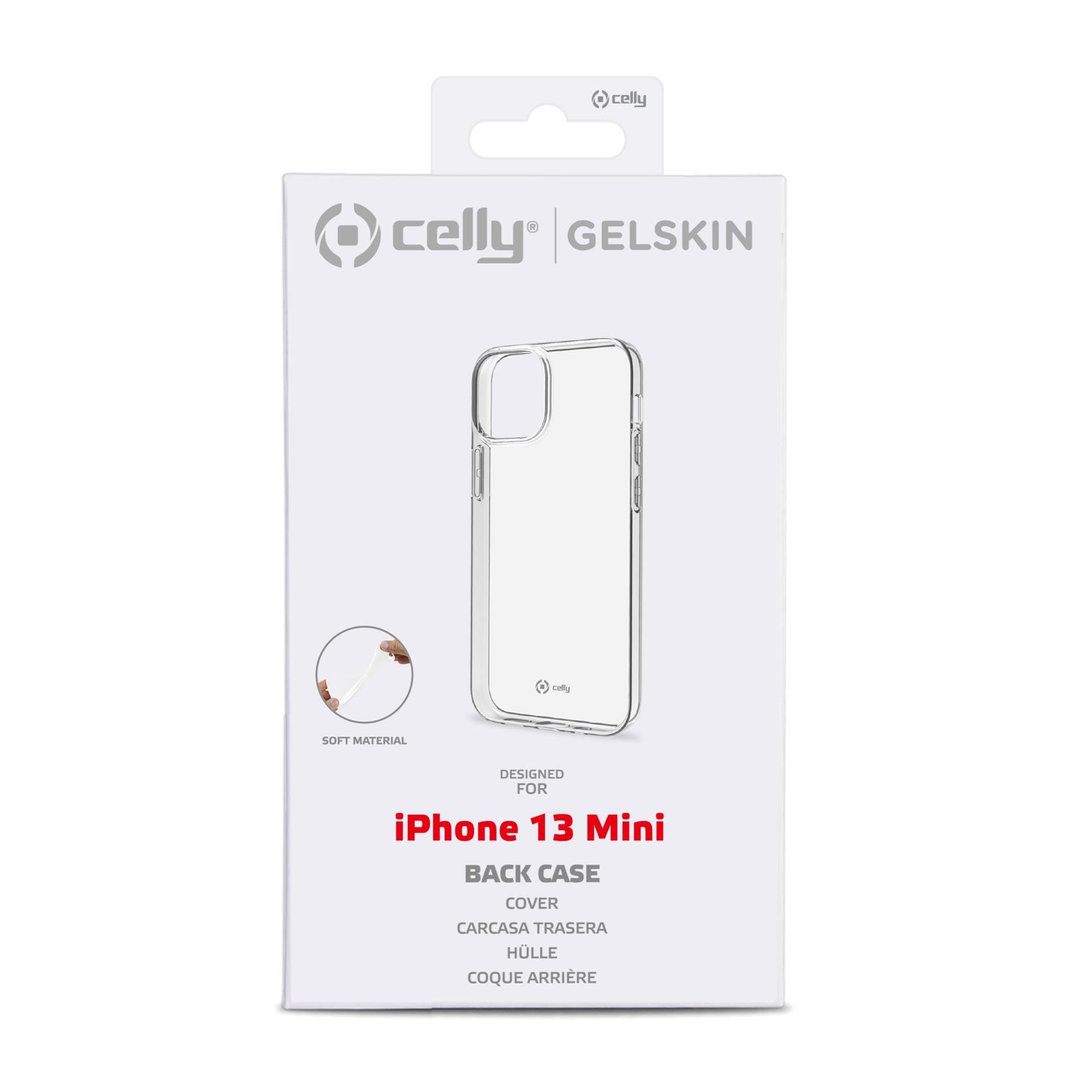 Confezione di custodia per iPhone 13 Mini. Custodia trasparente visibile attraverso la confezione.