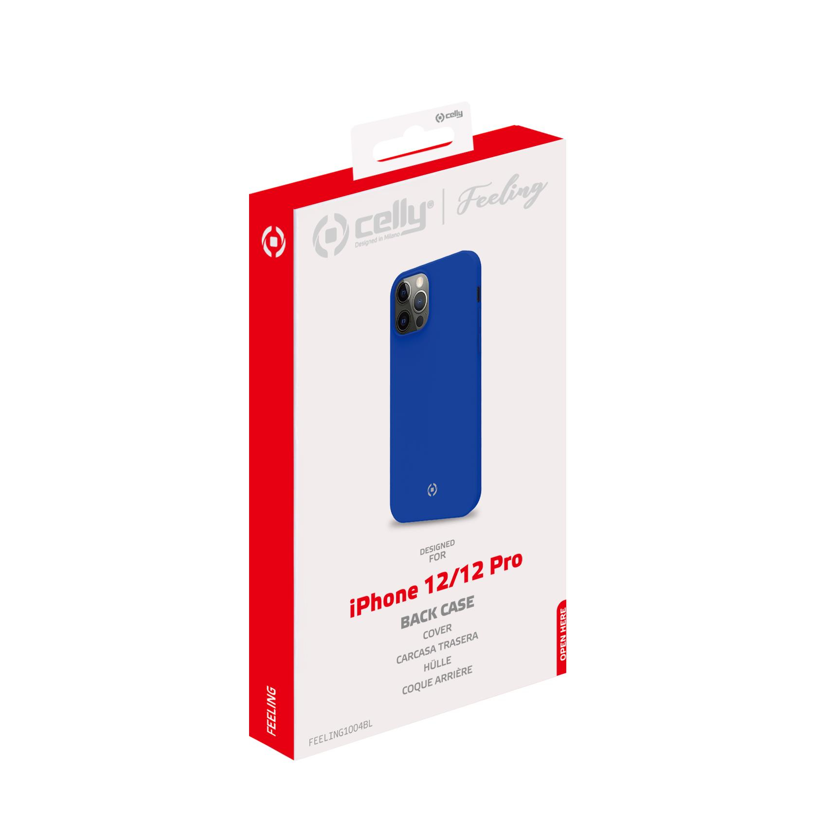 Confezione di custodia per telefono. Custodia blu per iPhone 12/12 Pro. Confezione bianca e rossa.
