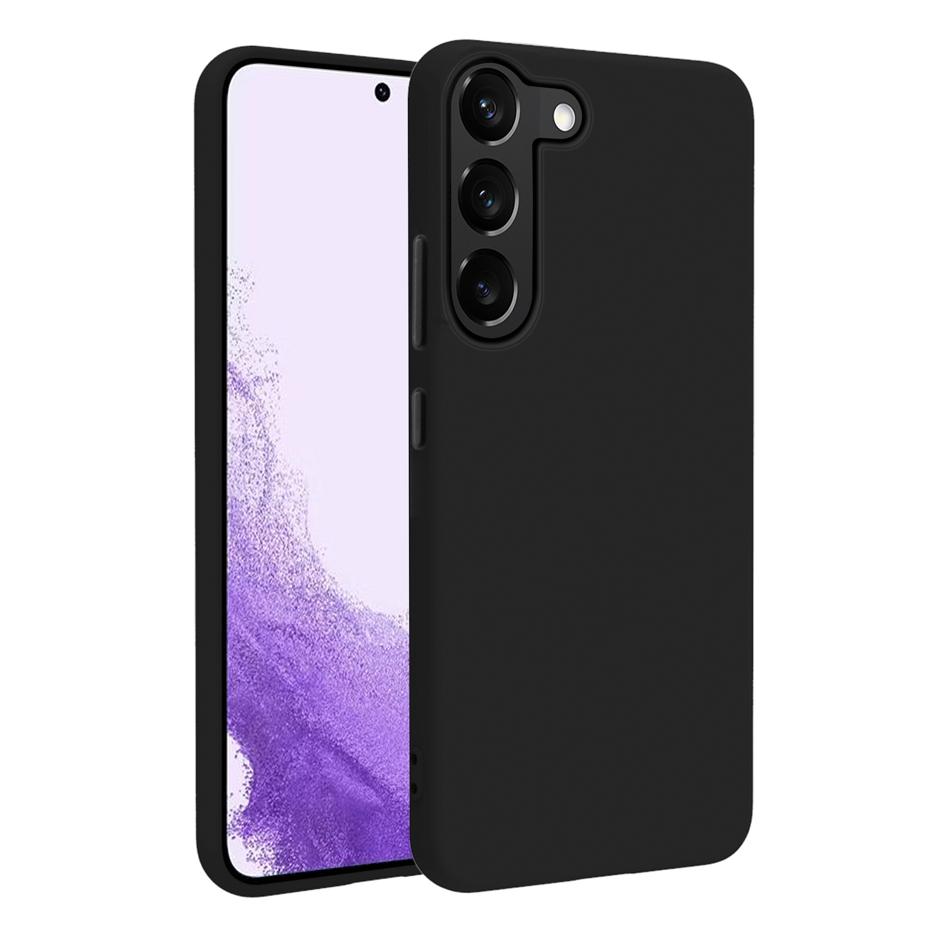 Una custodia nera per telefono è accanto al telefono. Il telefono è nero, con tre fotocamere e lo schermo è viola.