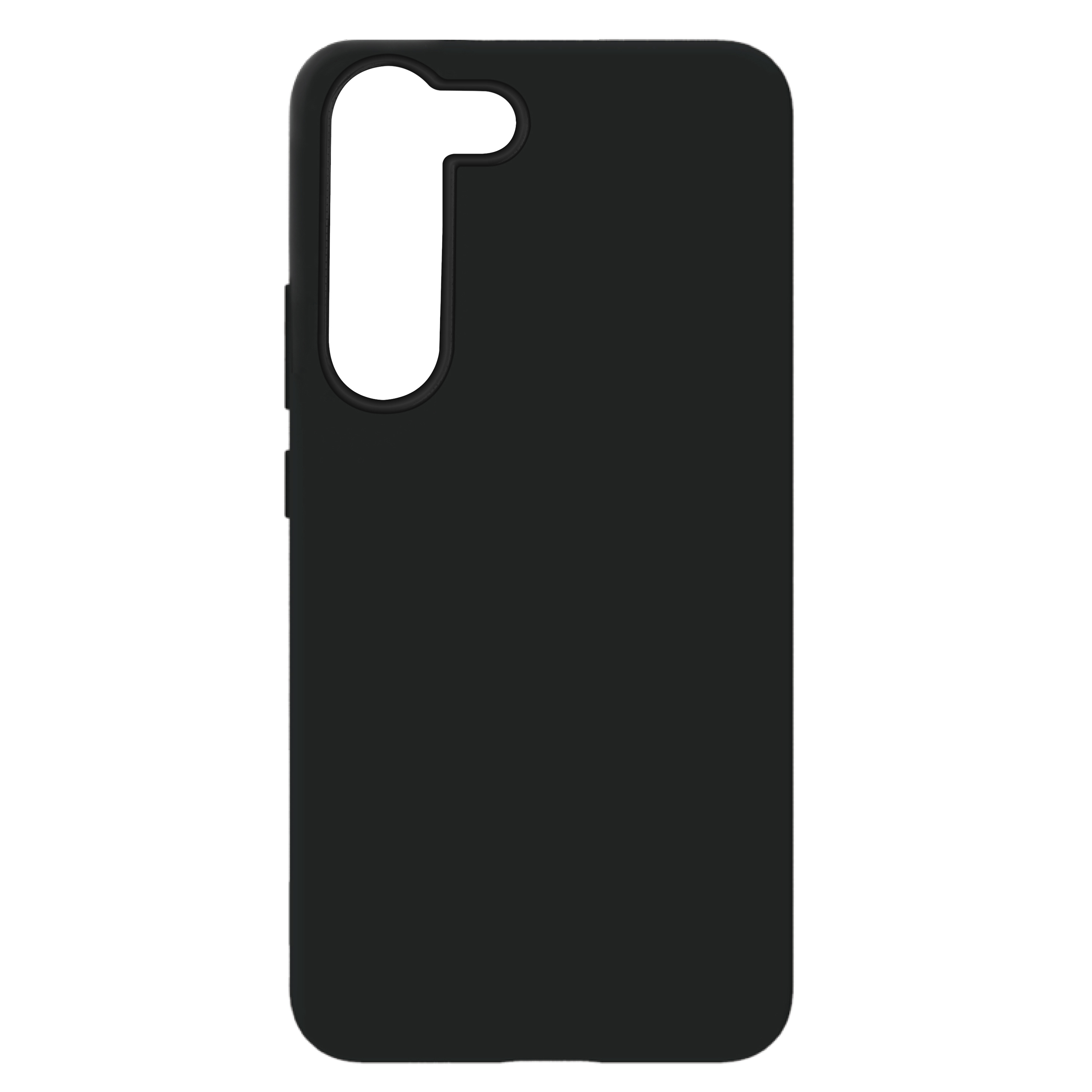 Custodia per telefono nera con un grande ritaglio per la fotocamera e i pulsanti laterali.