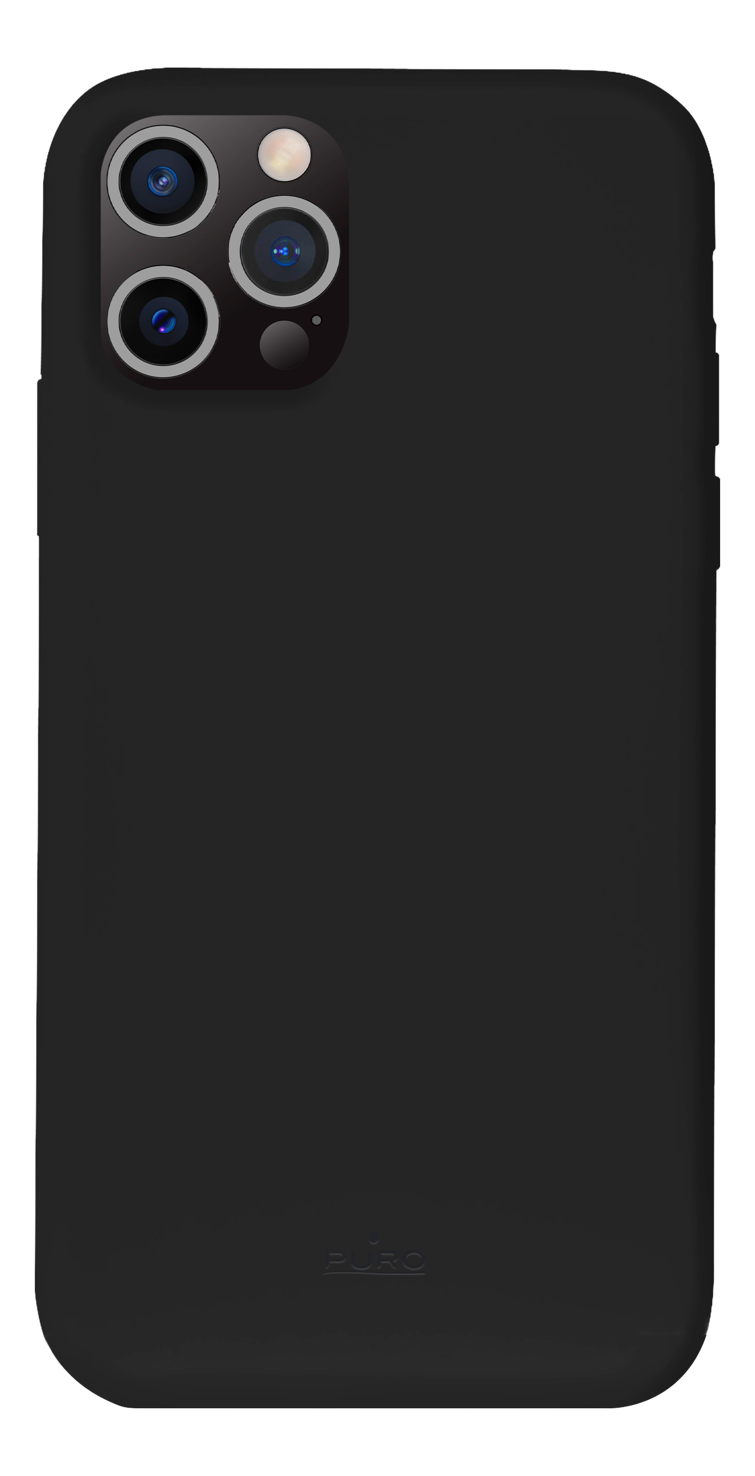 Custodia nera per iPhone con lenti della fotocamera. La parte posteriore del telefono è visibile.