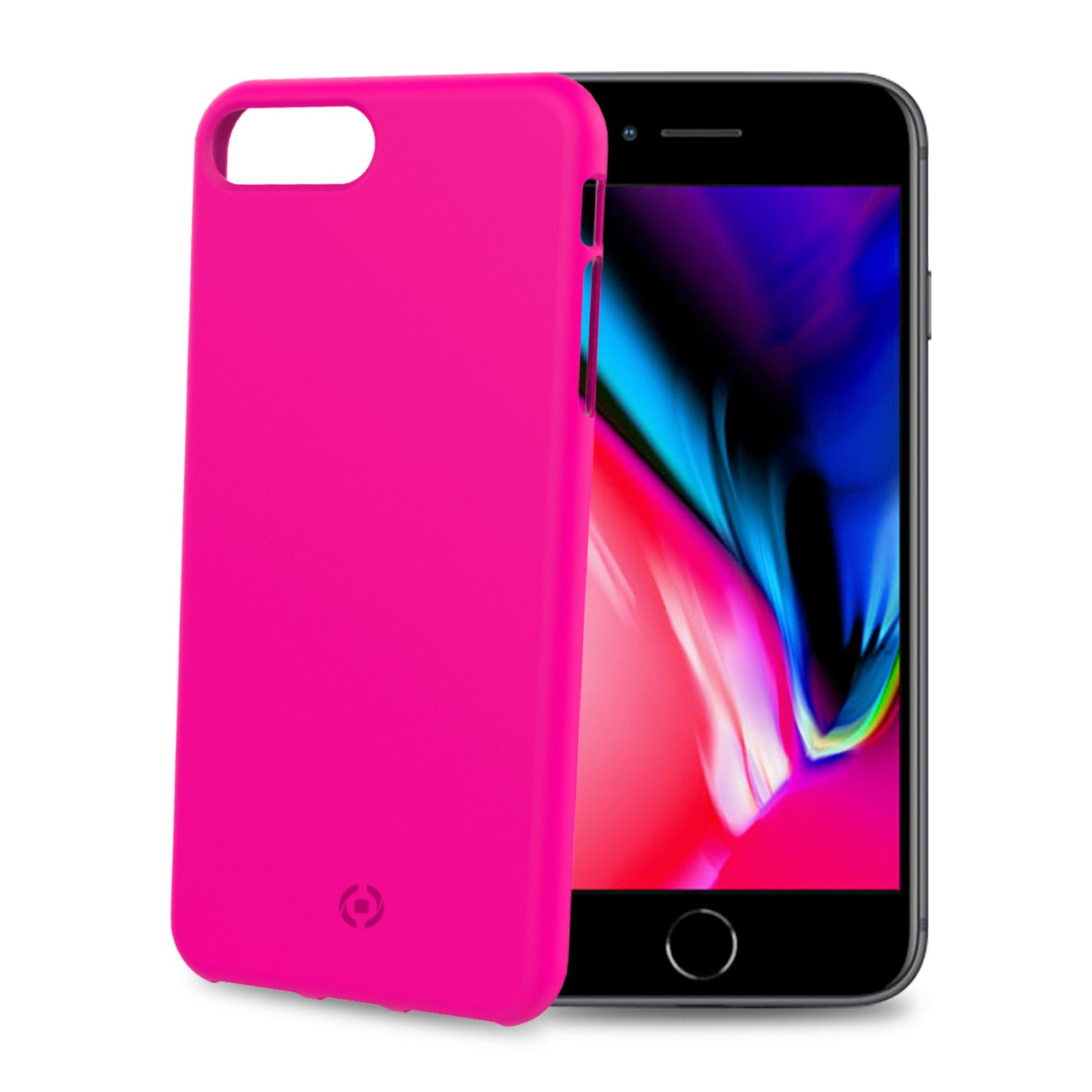 Custodia rosa per telefono accanto a un telefono nero che mostra un'immagine colorata.