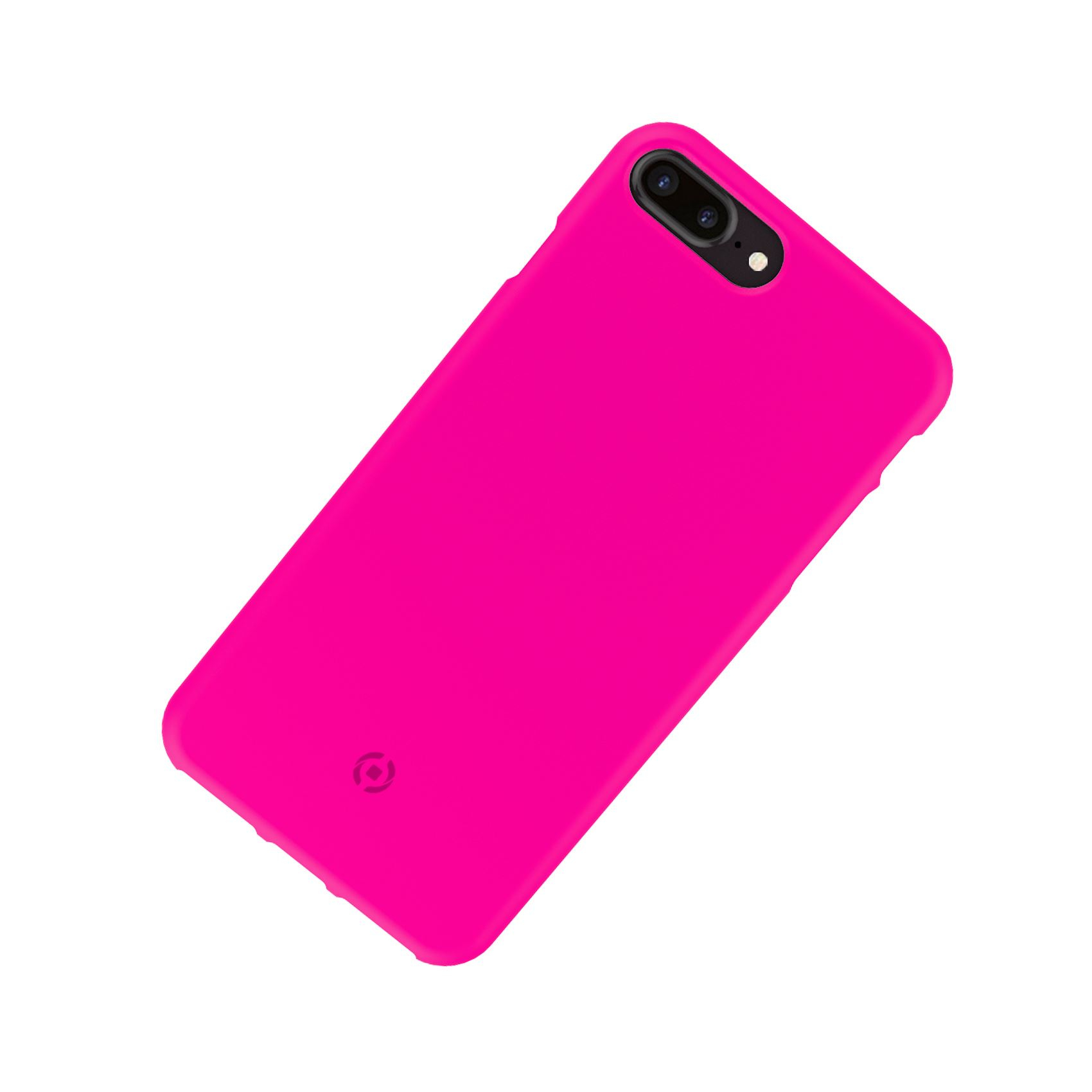 Custodia rosa per telefono con foro per la fotocamera, posizionata su una superficie bianca.
