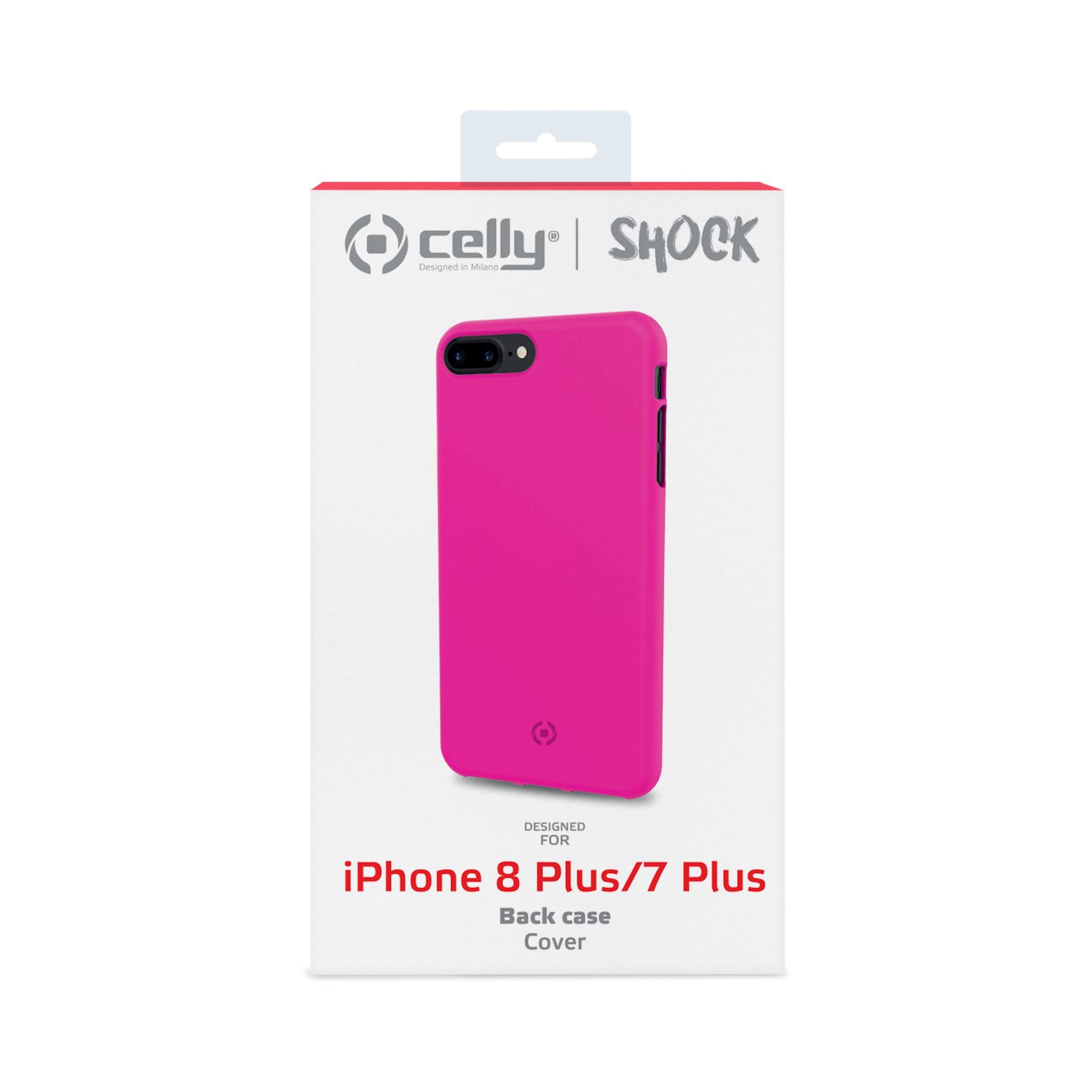 Una custodia rosa per telefono in una scatola è mostrata. La scatola dice 'iPhone 8 Plus/7 Plus' e 'Back case Cover'.