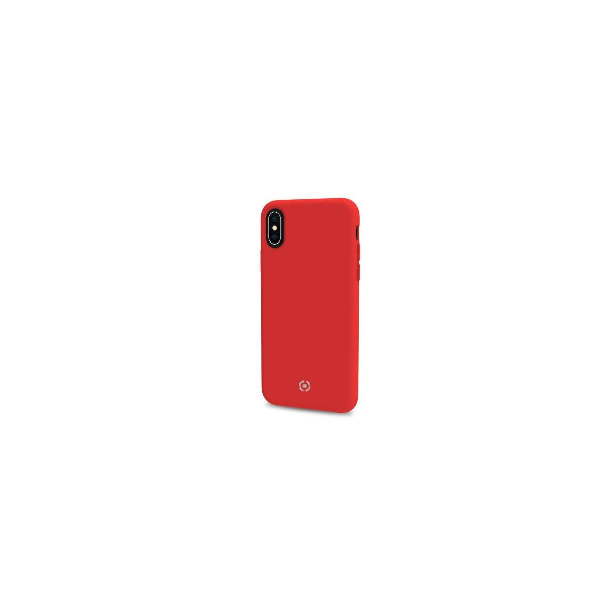Custodia rossa per telefono, foro singolo per fotocamera, su superficie bianca.