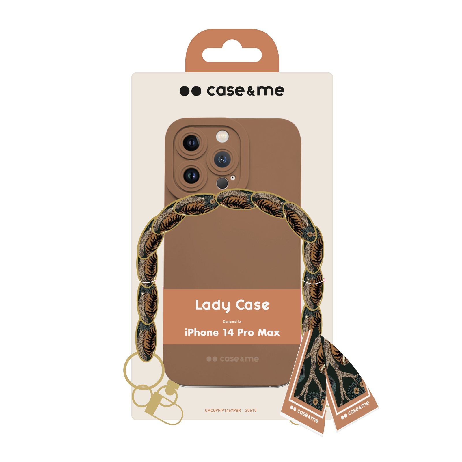 Funda para iPhone 14 Pro Max, marrón con cordón y un dije estampado.