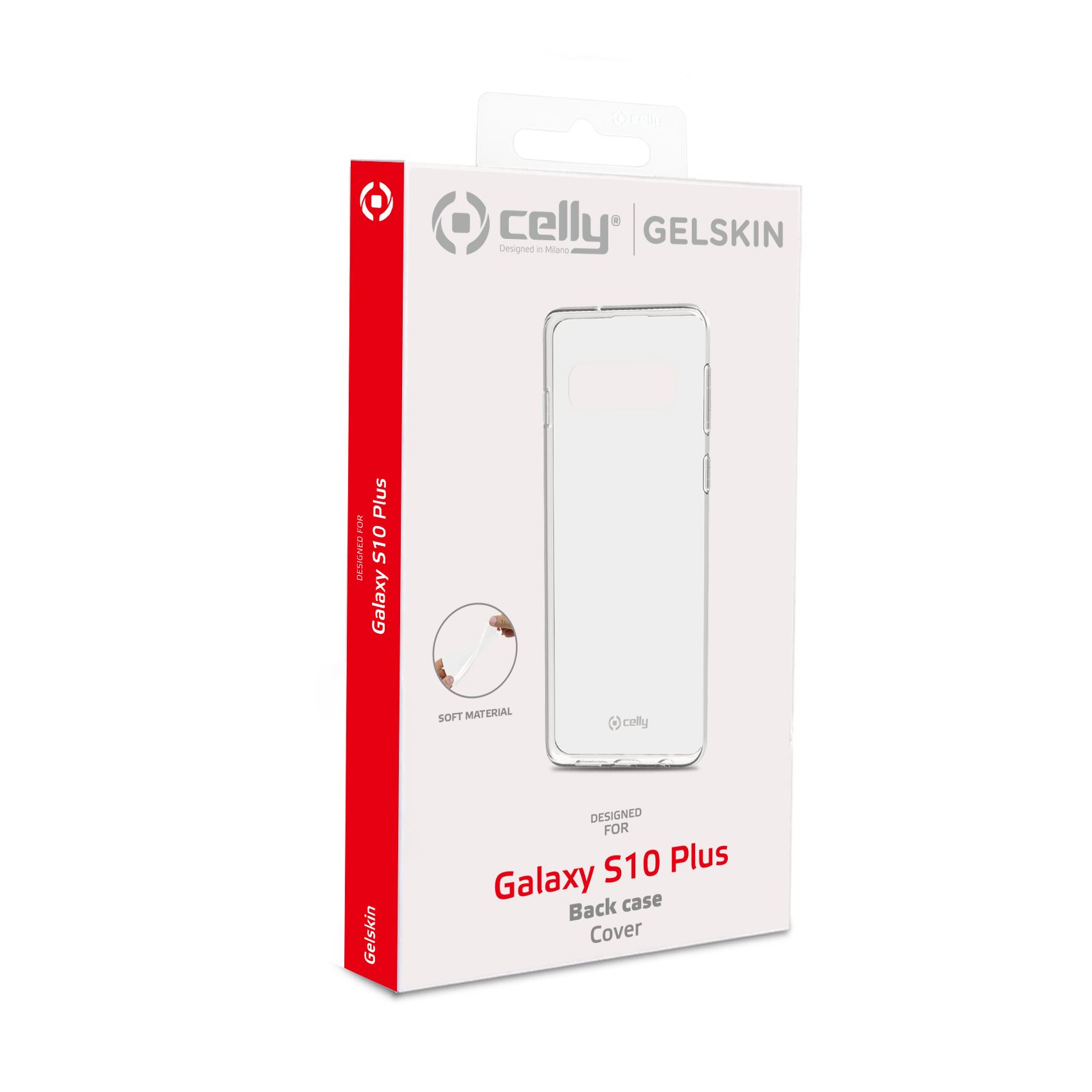 Custodia trasparente confezionata per Galaxy S10 Plus, con schema colori rosso e bianco.