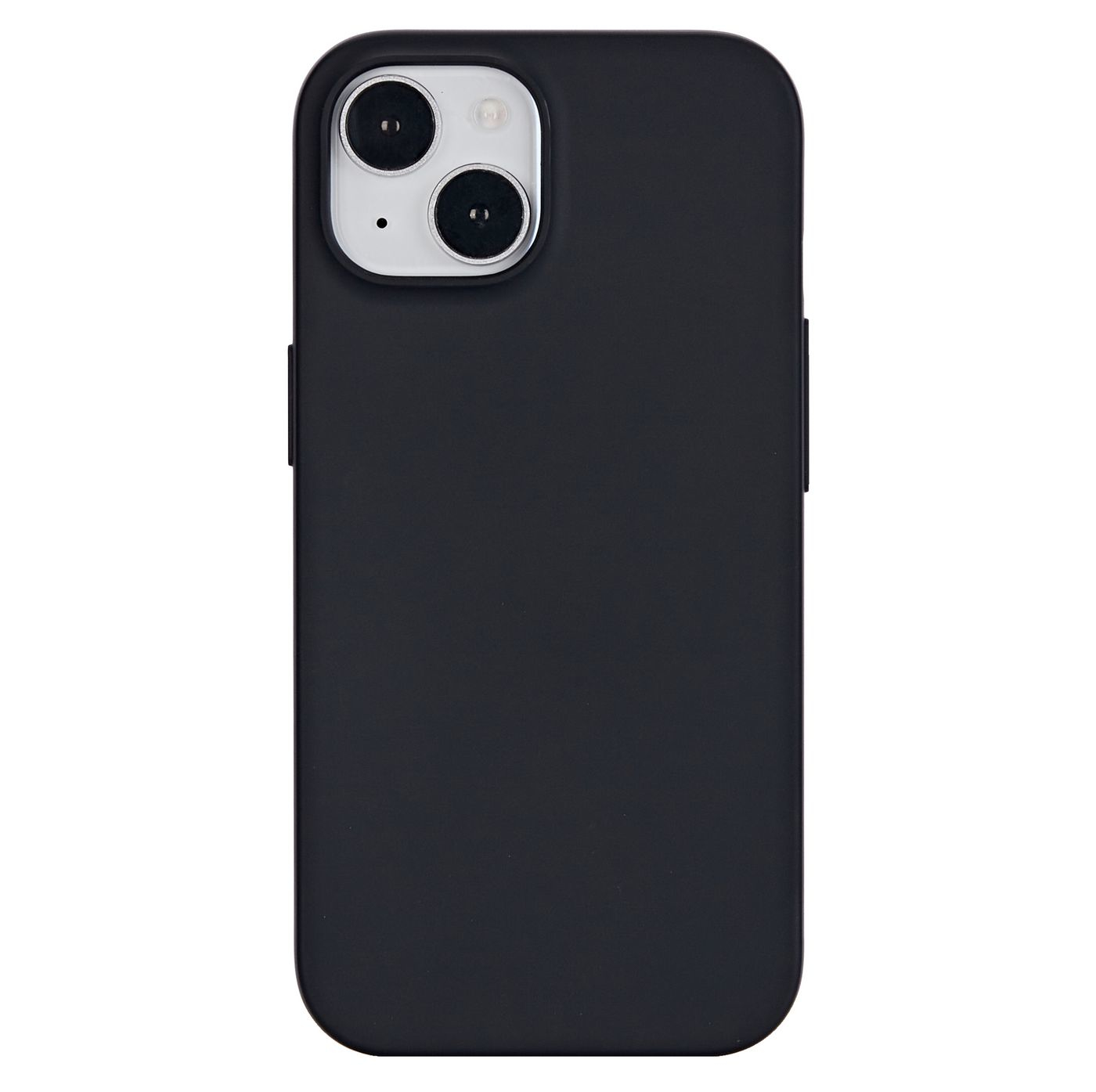 Custodia nera con lenti della fotocamera e flash. La custodia è su sfondo bianco.