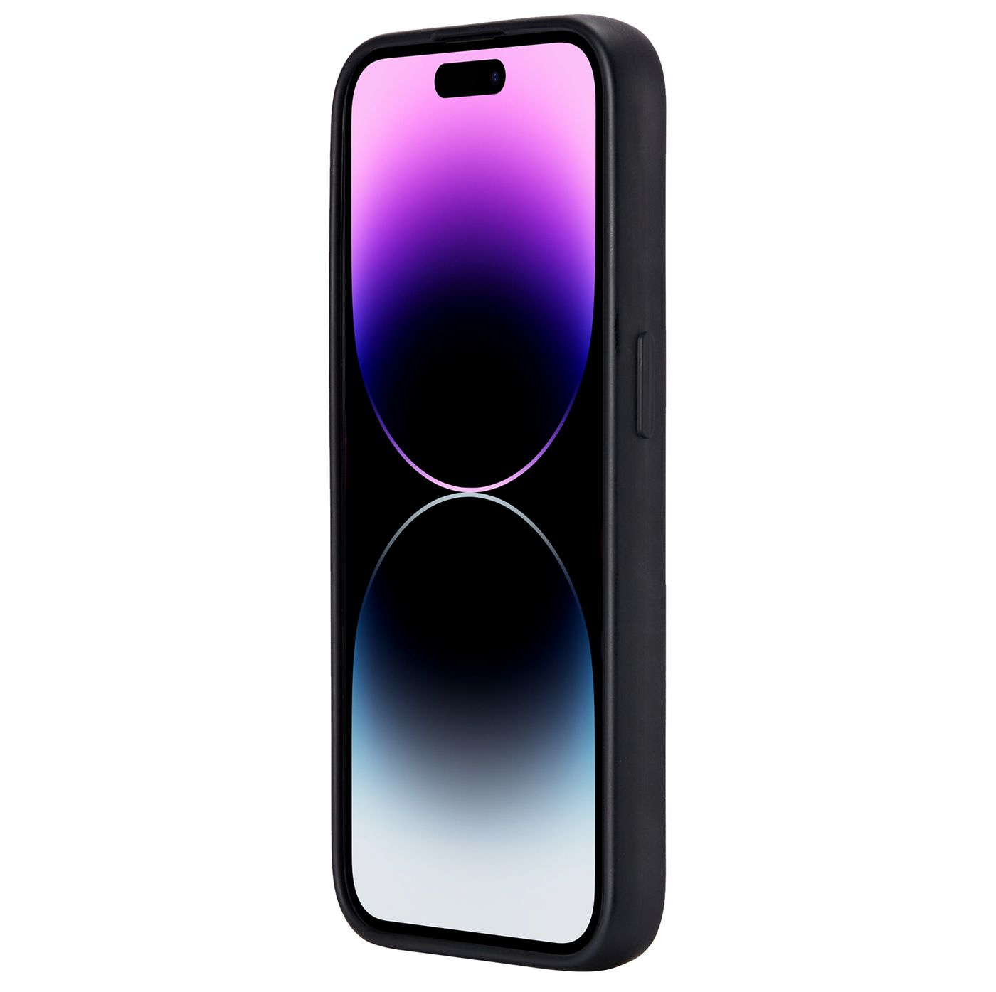 Un iPhone nero in una custodia nera, mostra lo schermo. La custodia avvolge il telefono.