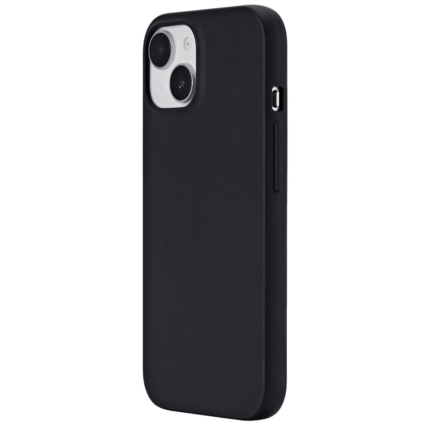 Custodia nera per telefono, con due lenti della fotocamera. Il telefono è su sfondo bianco.