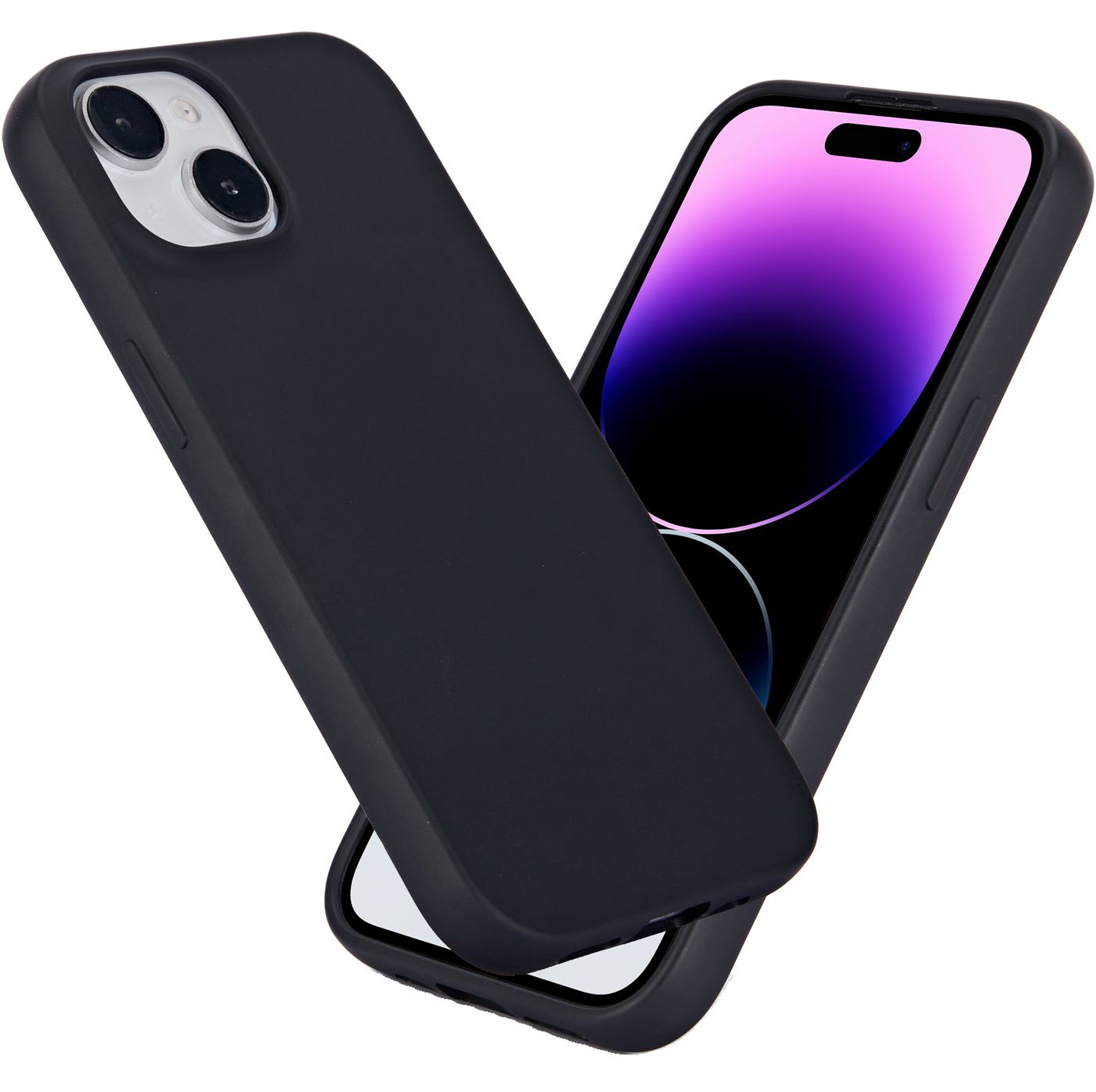 Custodia nera per telefono, con un telefono. La custodia è angolata, il telefono è parzialmente visibile. Sfondo bianco.
