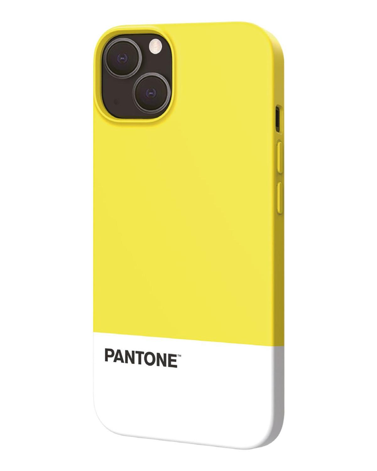 Custodia per telefono gialla e bianca con logo Pantone. Il telefono è su sfondo bianco.