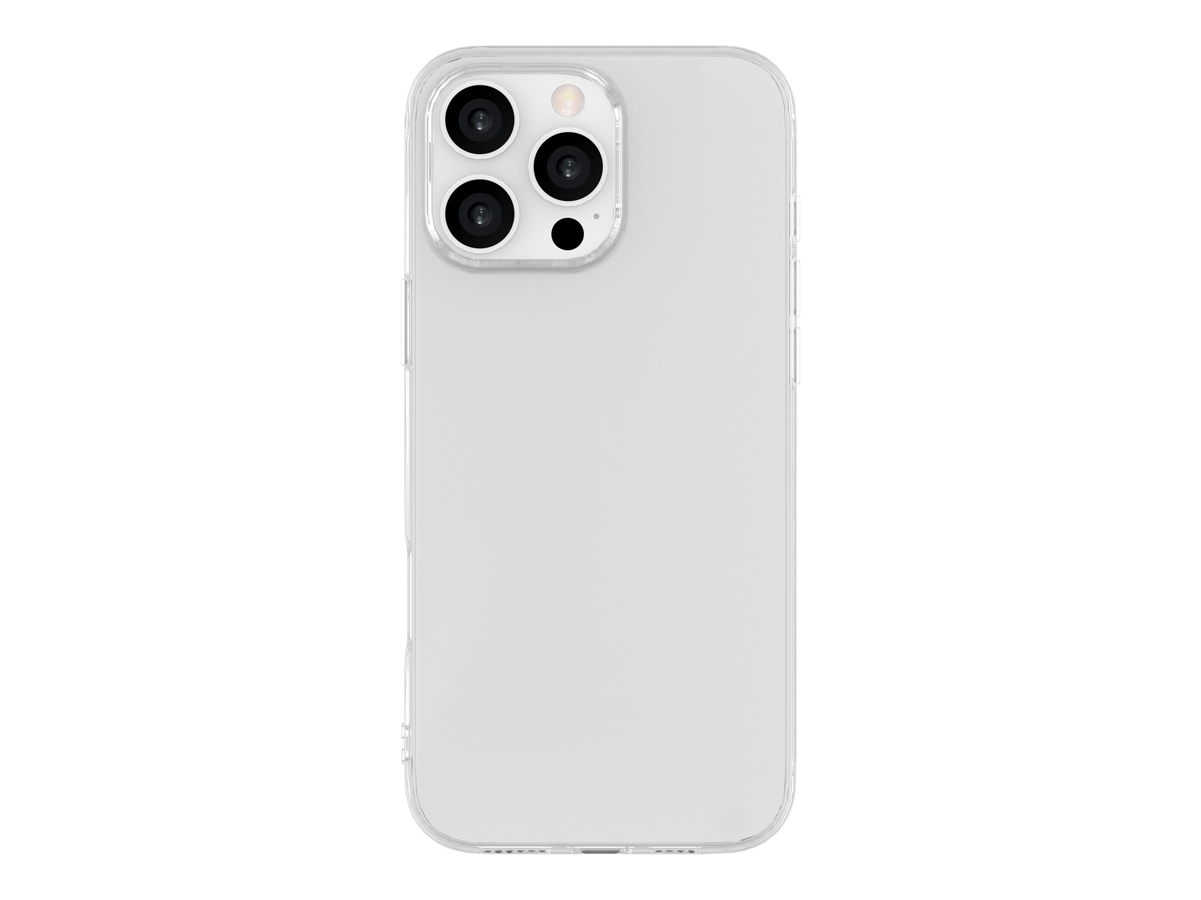 Custodia trasparente per iPhone con tre lenti. Sfondo bianco. Telefono posizionato verticalmente.