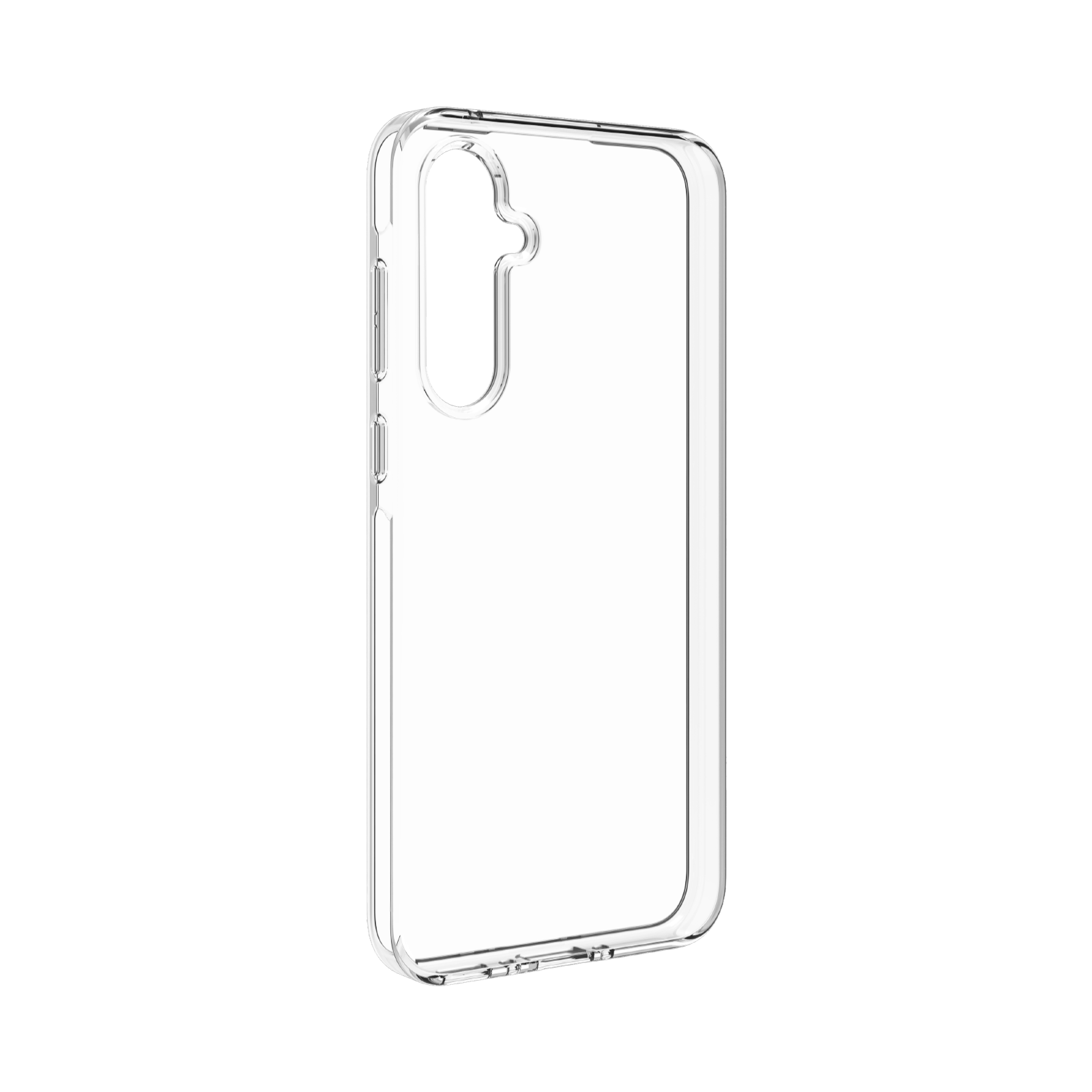 Una custodia trasparente per telefono su sfondo nero. La custodia è trasparente e presenta ritagli per la fotocamera e i pulsanti.