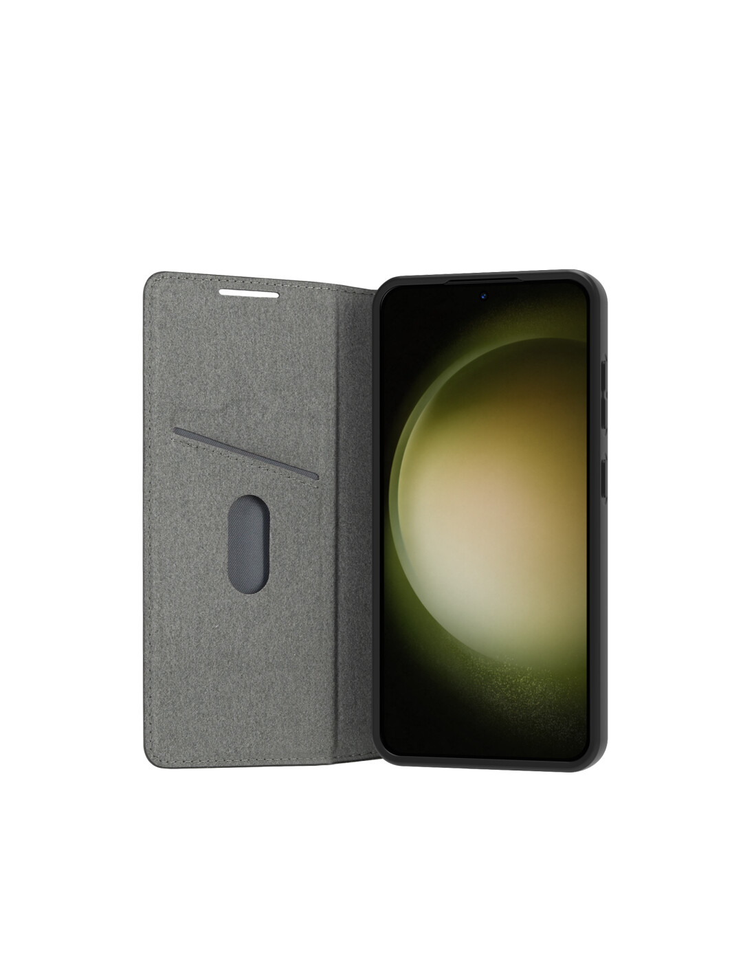 Uno smartphone nero in una custodia a libro grigia. Lo schermo del telefono mostra una sfumatura giallo-verde.