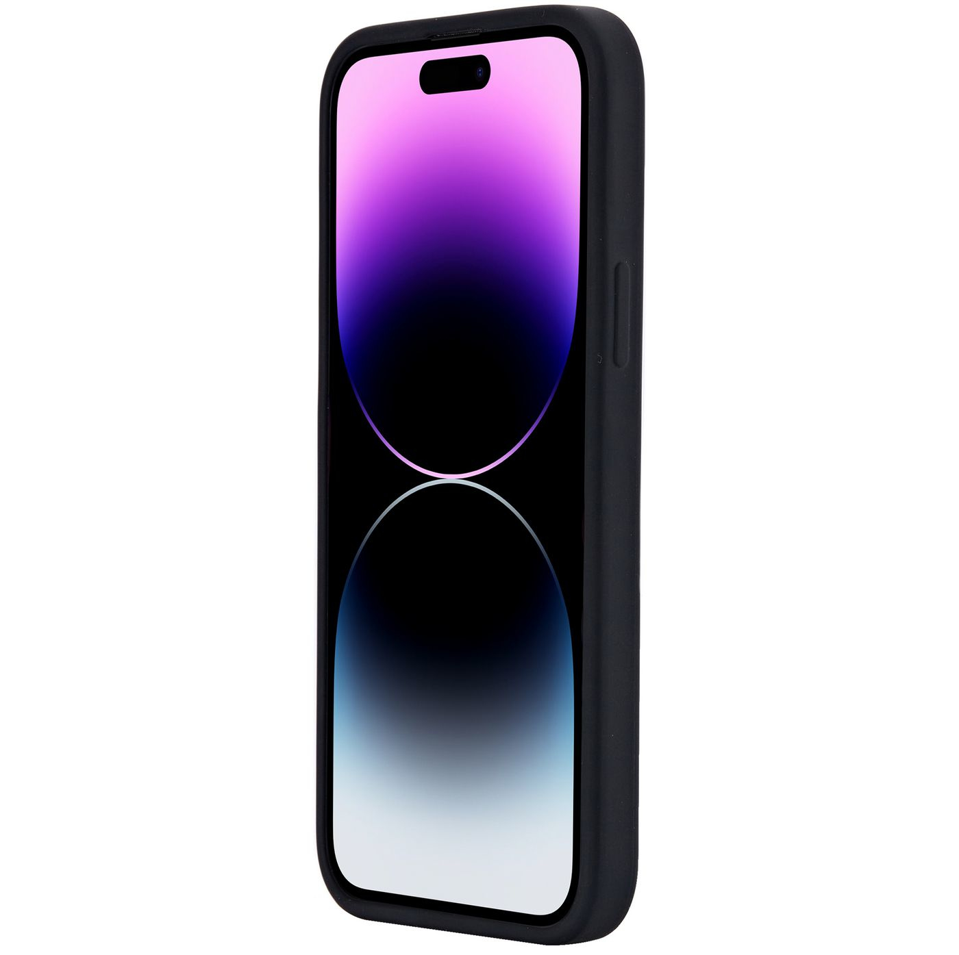 iPhone 14 Pro nero in custodia, vista laterale. Schermo con gradiente viola e bianco.