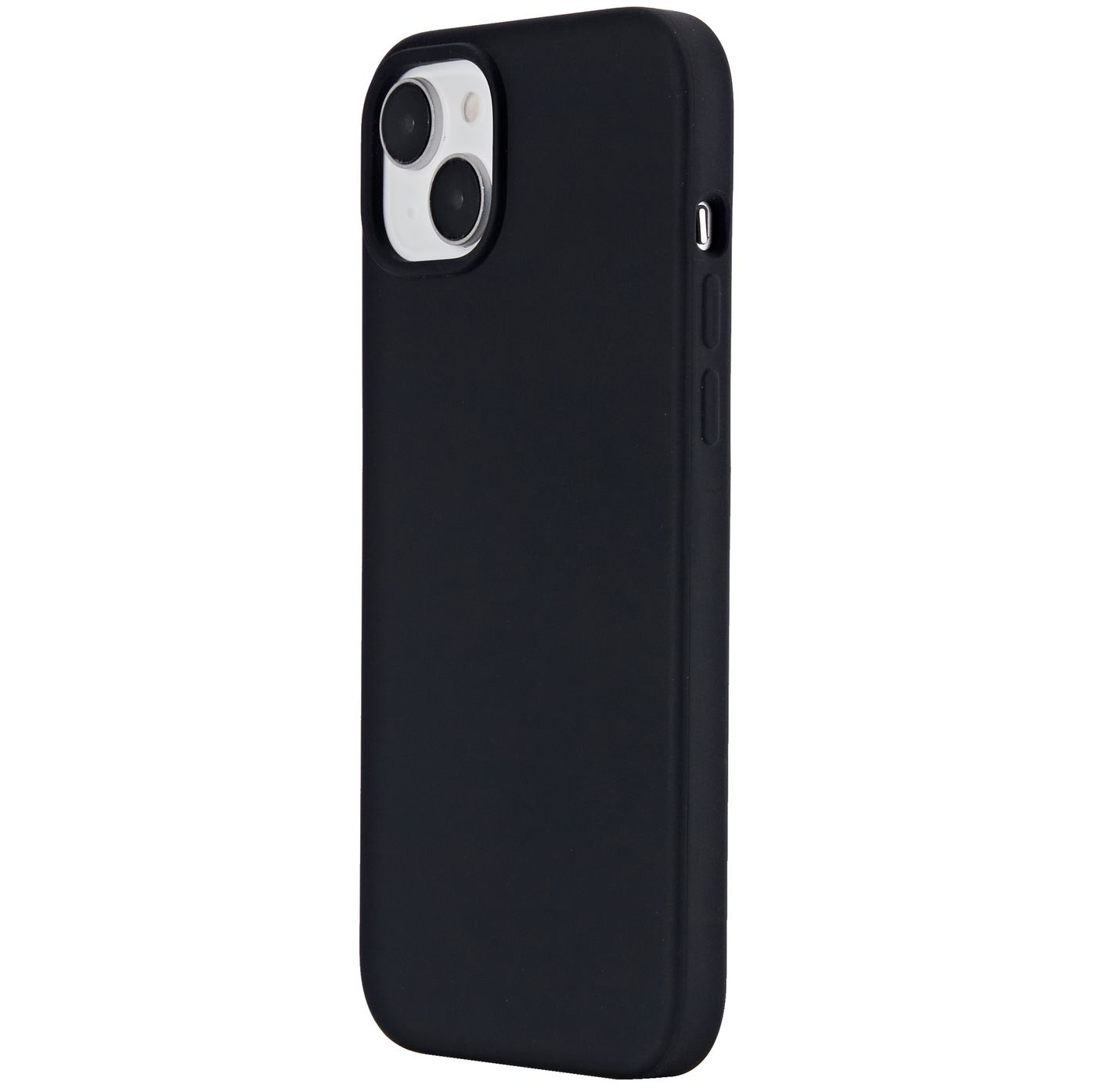 Una custodia nera per iPhone 13. Copre la parte posteriore e i lati del telefono, con fori per la fotocamera visibili.