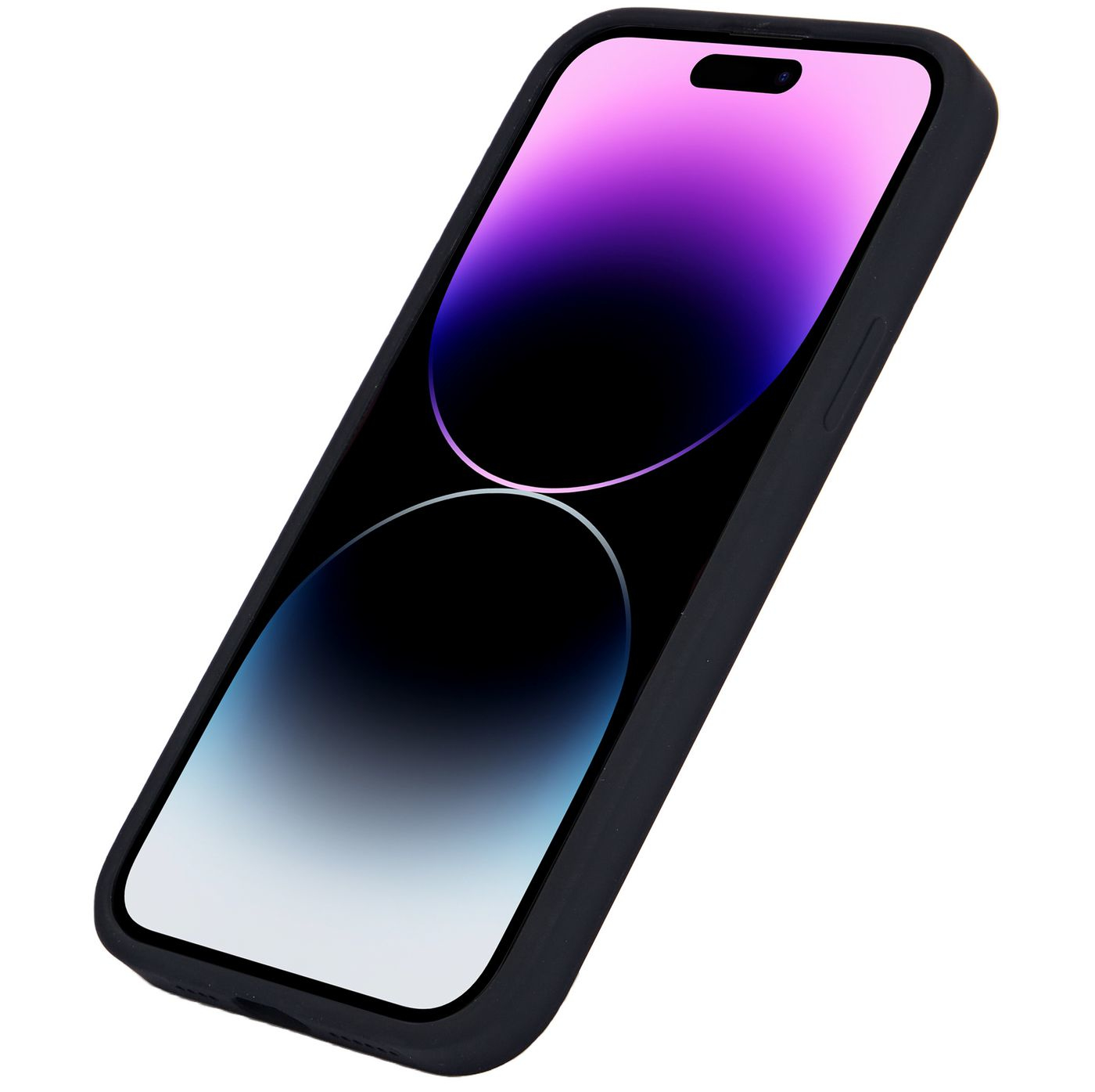 Un iPhone nero in una custodia nera, angolato, su sfondo bianco.