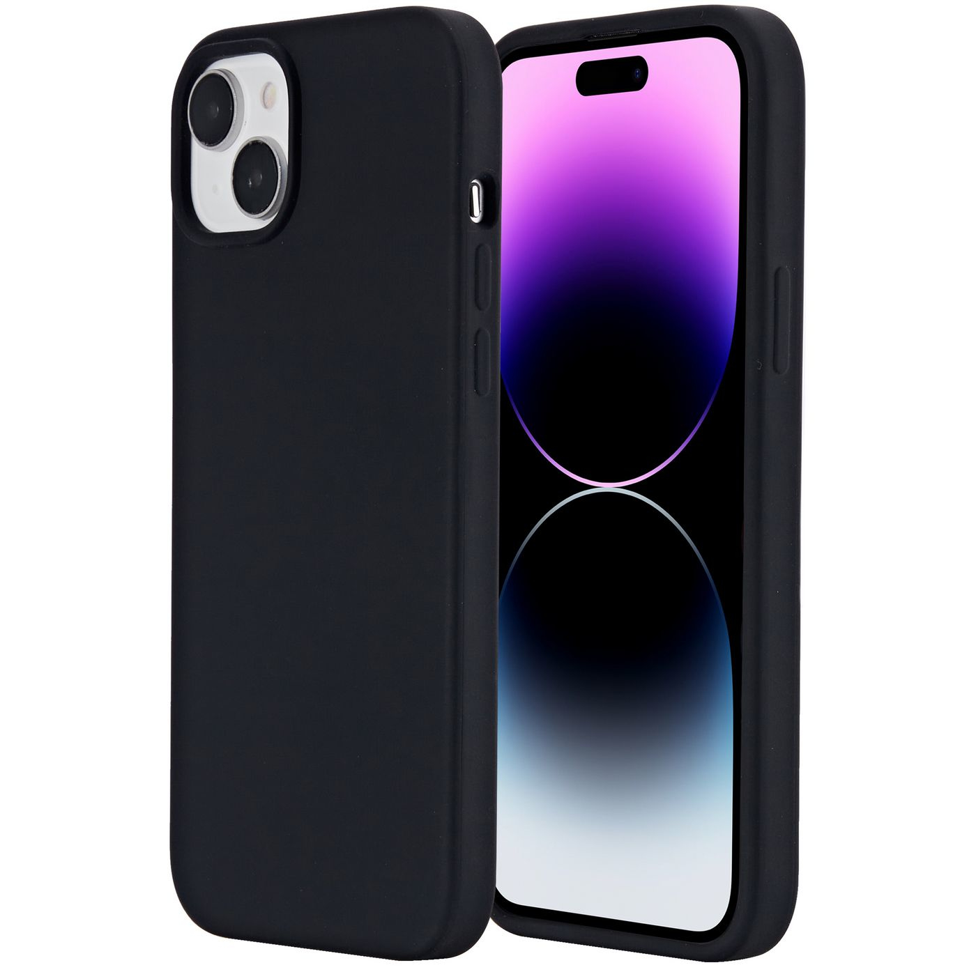 iPhone nero con custodia nera. La custodia avvolge il telefono. Lo sfondo è bianco.