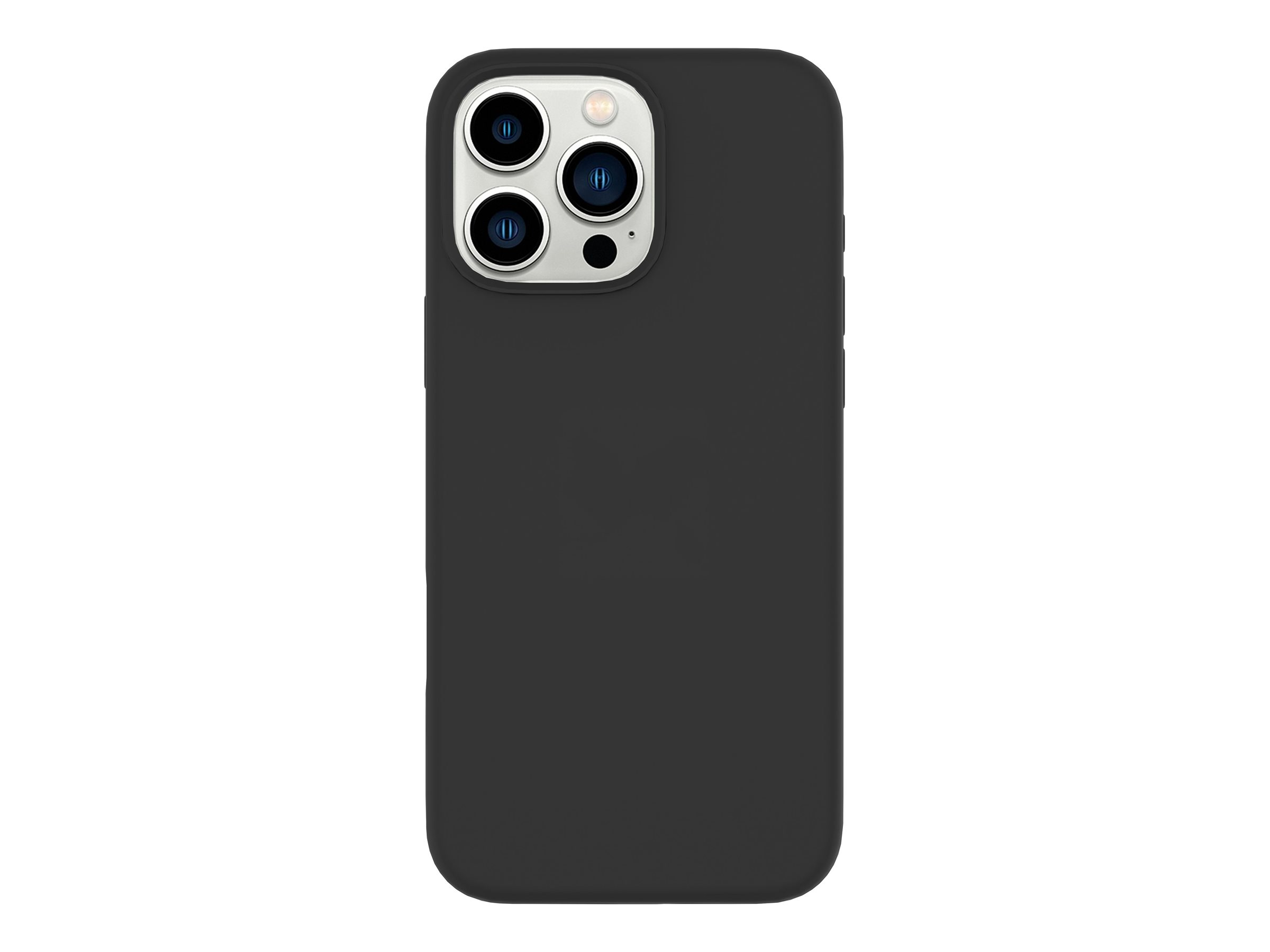 Custodia nera per telefono con un rialzo lucido per la fotocamera. Custodia su una superficie bianca.