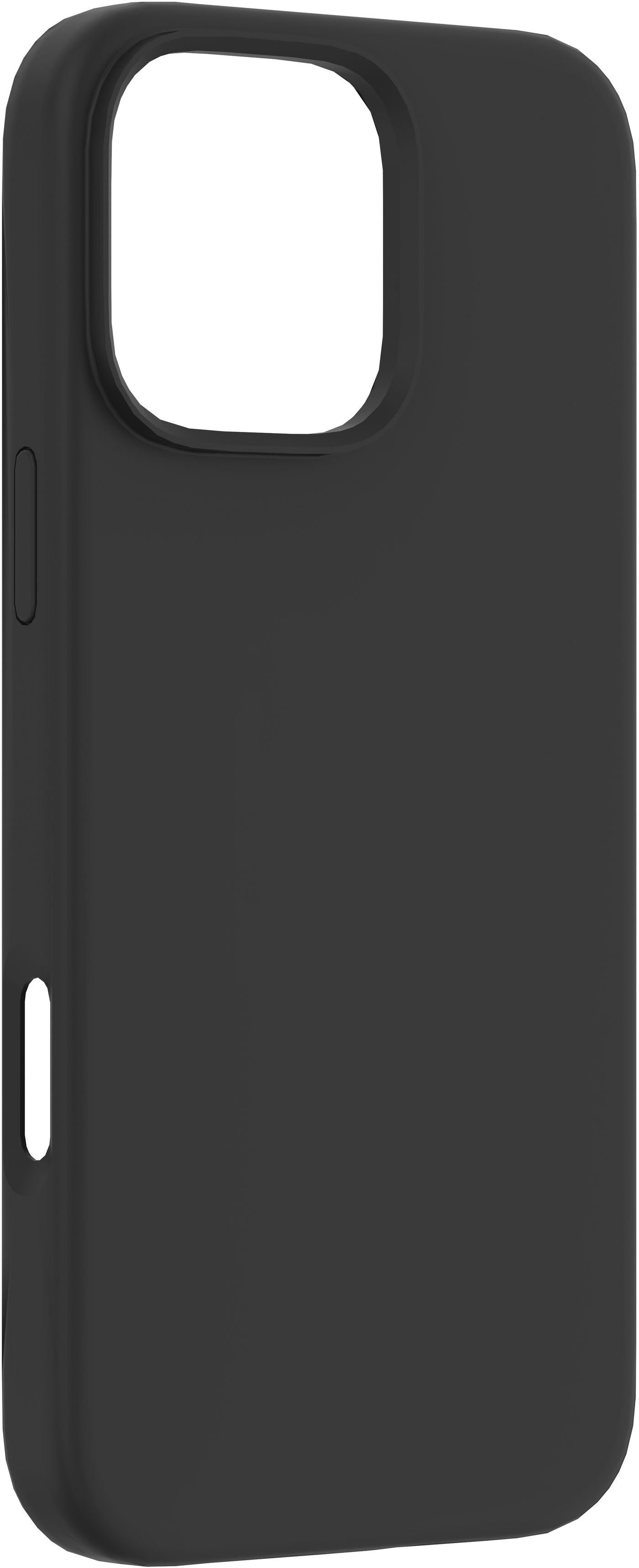 Custodia per telefono nera. La custodia ha un foro per la fotocamera e un foro per il pulsante laterale.