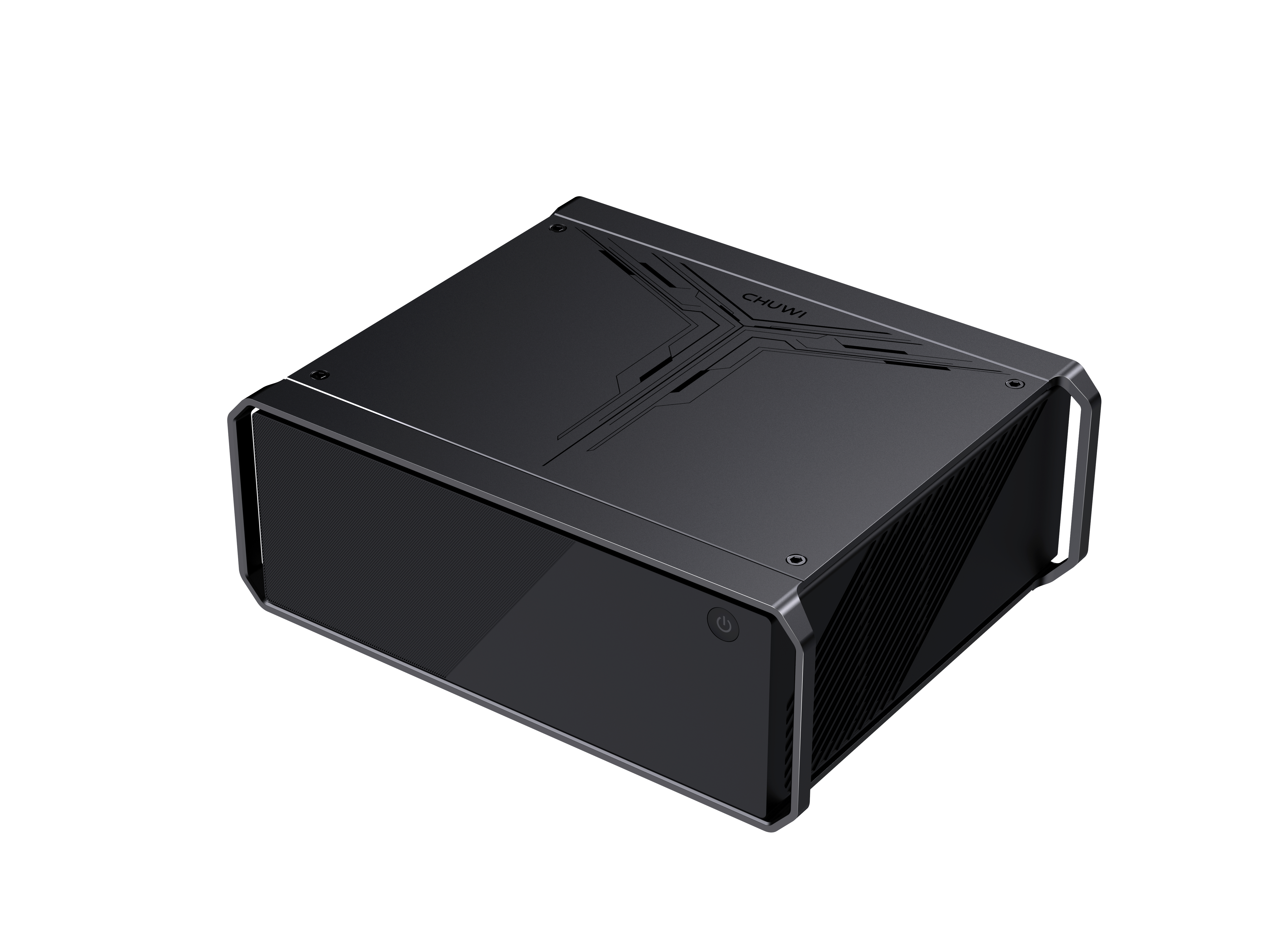 Czarny mini PC CHUWI, pod kątem, na białym tle.