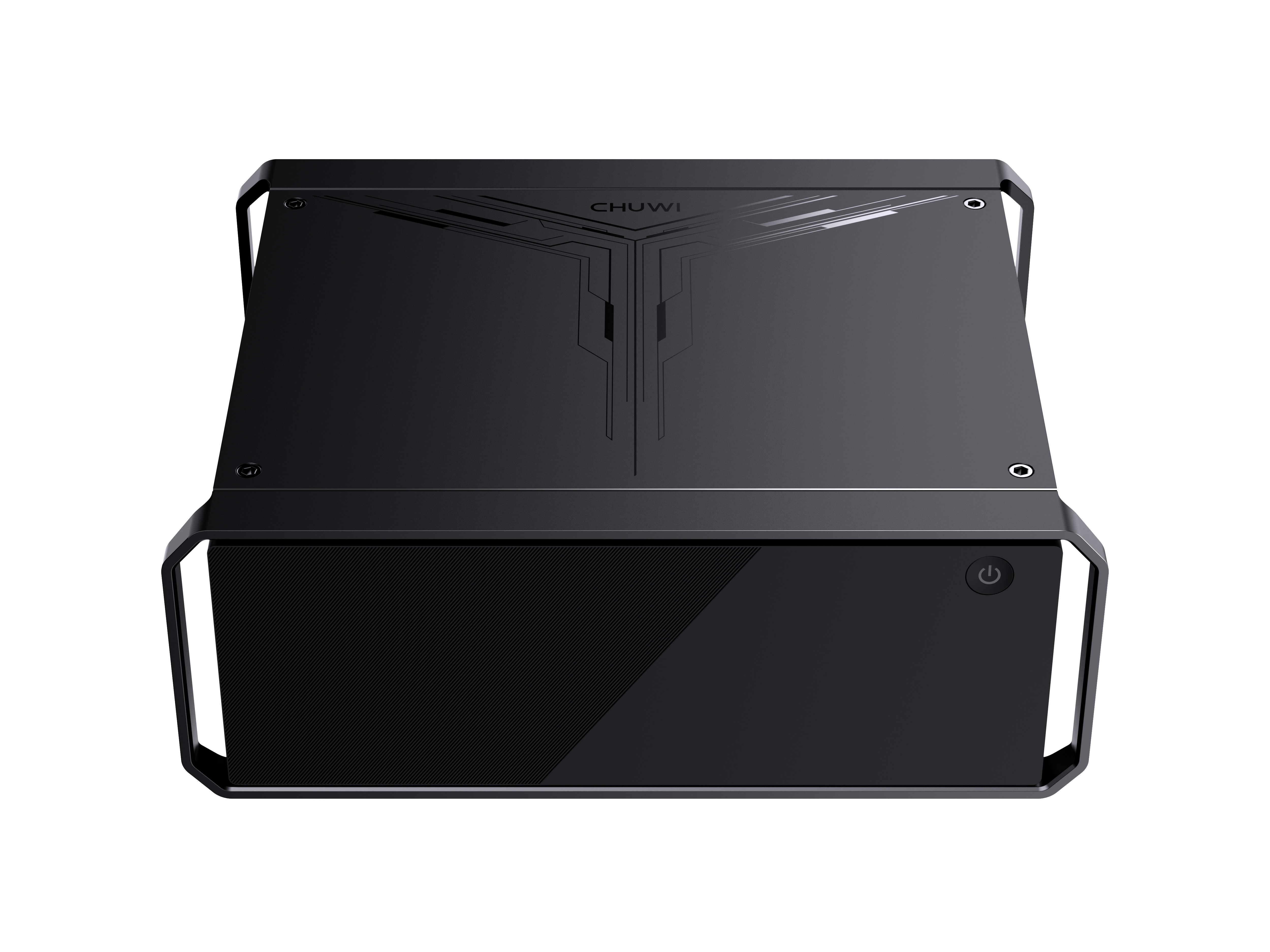 Czarna obudowa komputera z przyciskiem zasilania i wzorem z przodu.