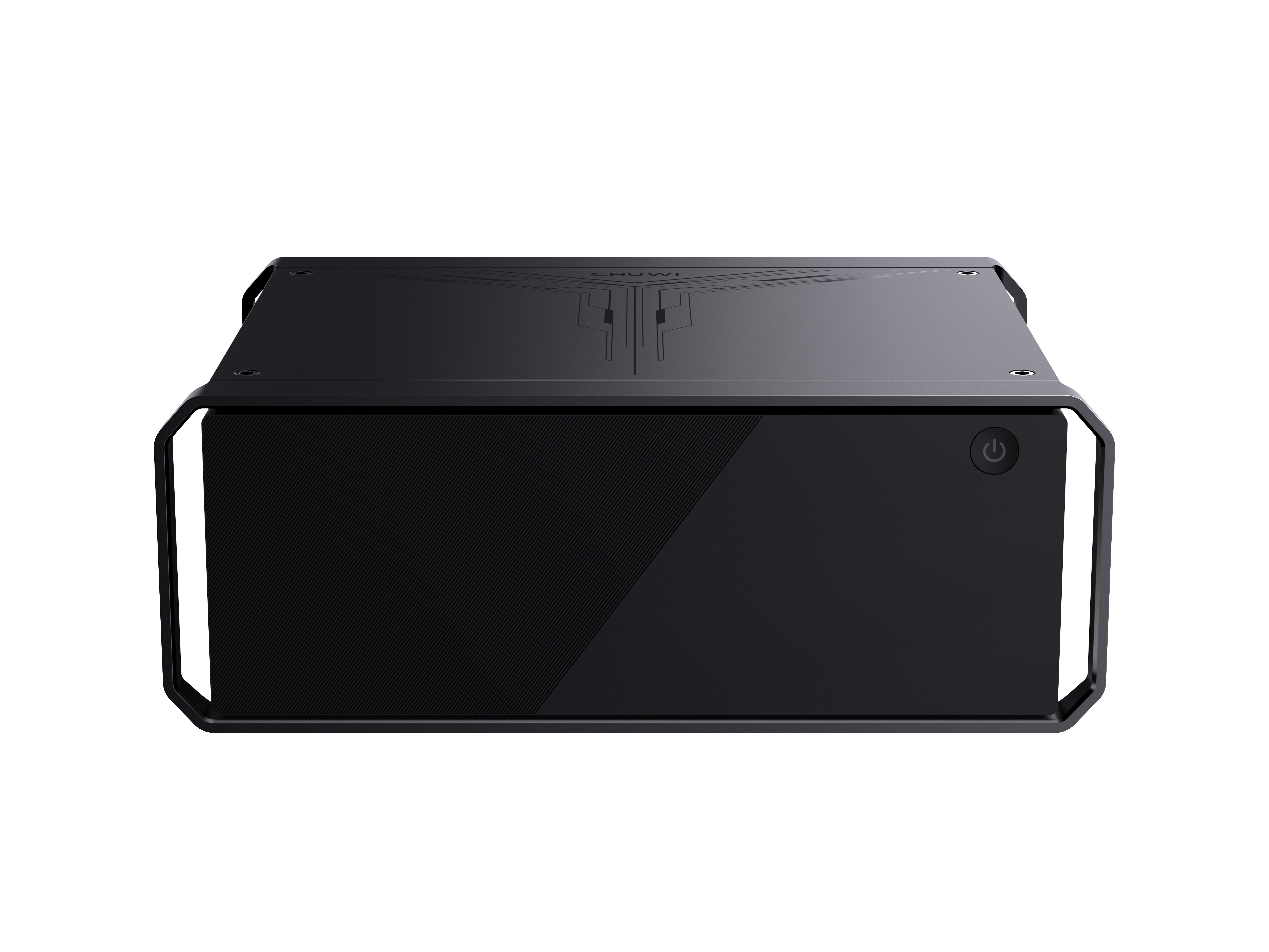 Czarny komputer, widok z góry, z uchwytem. Białe tło.