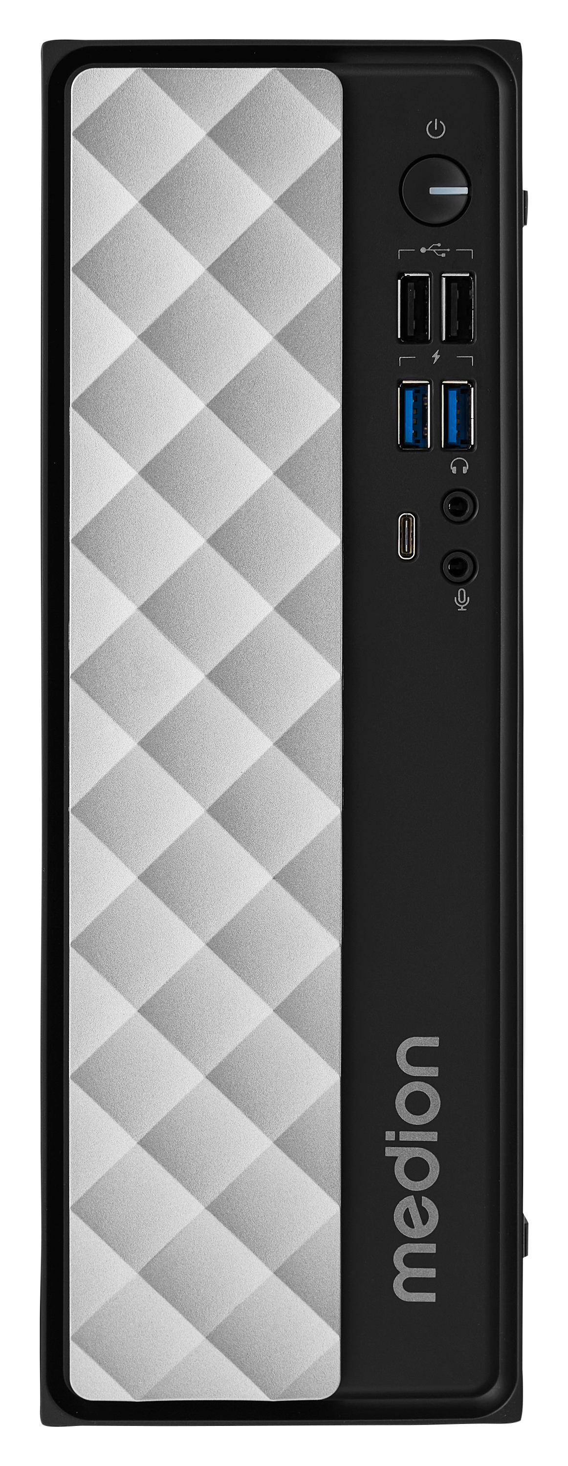 Czarna obudowa komputera z rombowym wzorem po lewej stronie i portami po prawej.