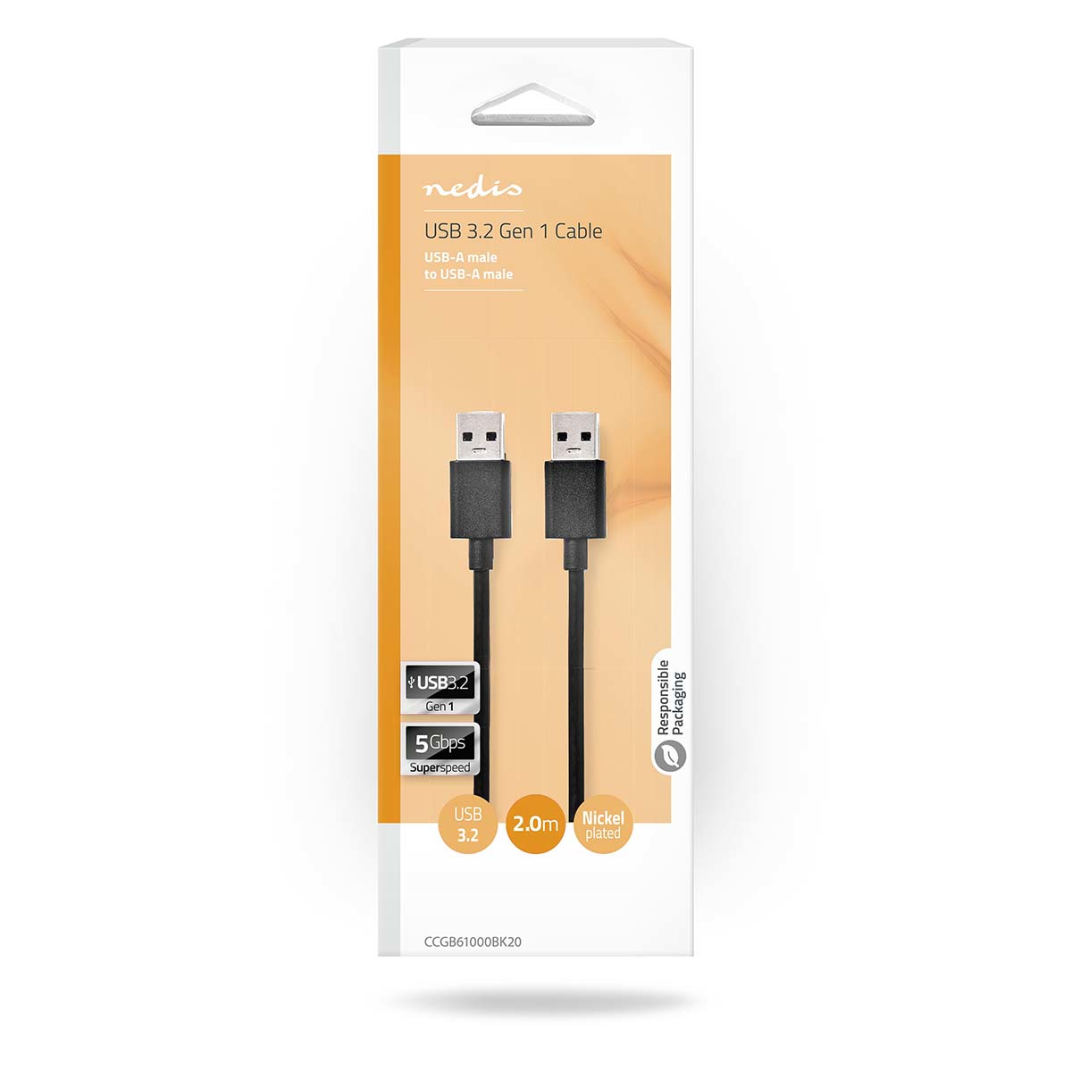 Nedis USB 3.2 Gen 1 cable in packaging. Black cables, white and black packaging.