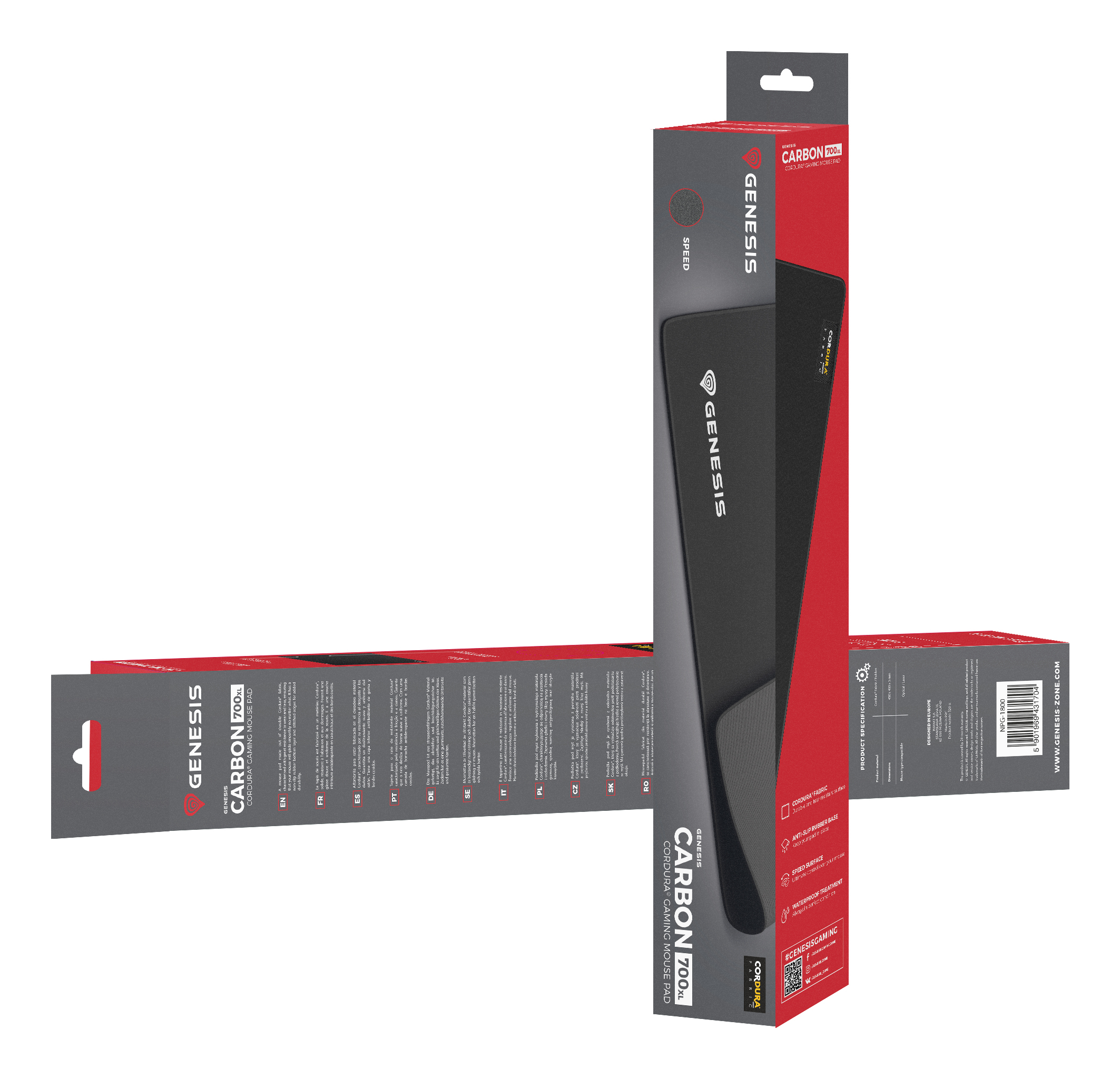 Czarna i czerwona podkładka pod mysz dla graczy w pudełku. Marka to Genesis. Pudełko jest wysokie i prostokątne.