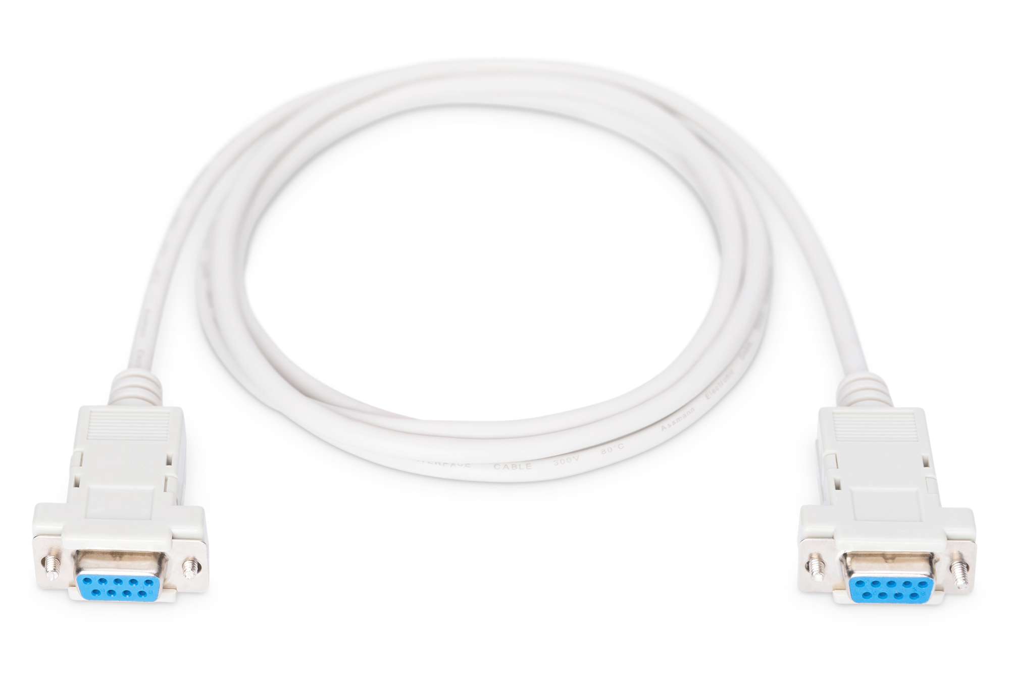 Cavo seriale bianco con due connettori con punta blu.