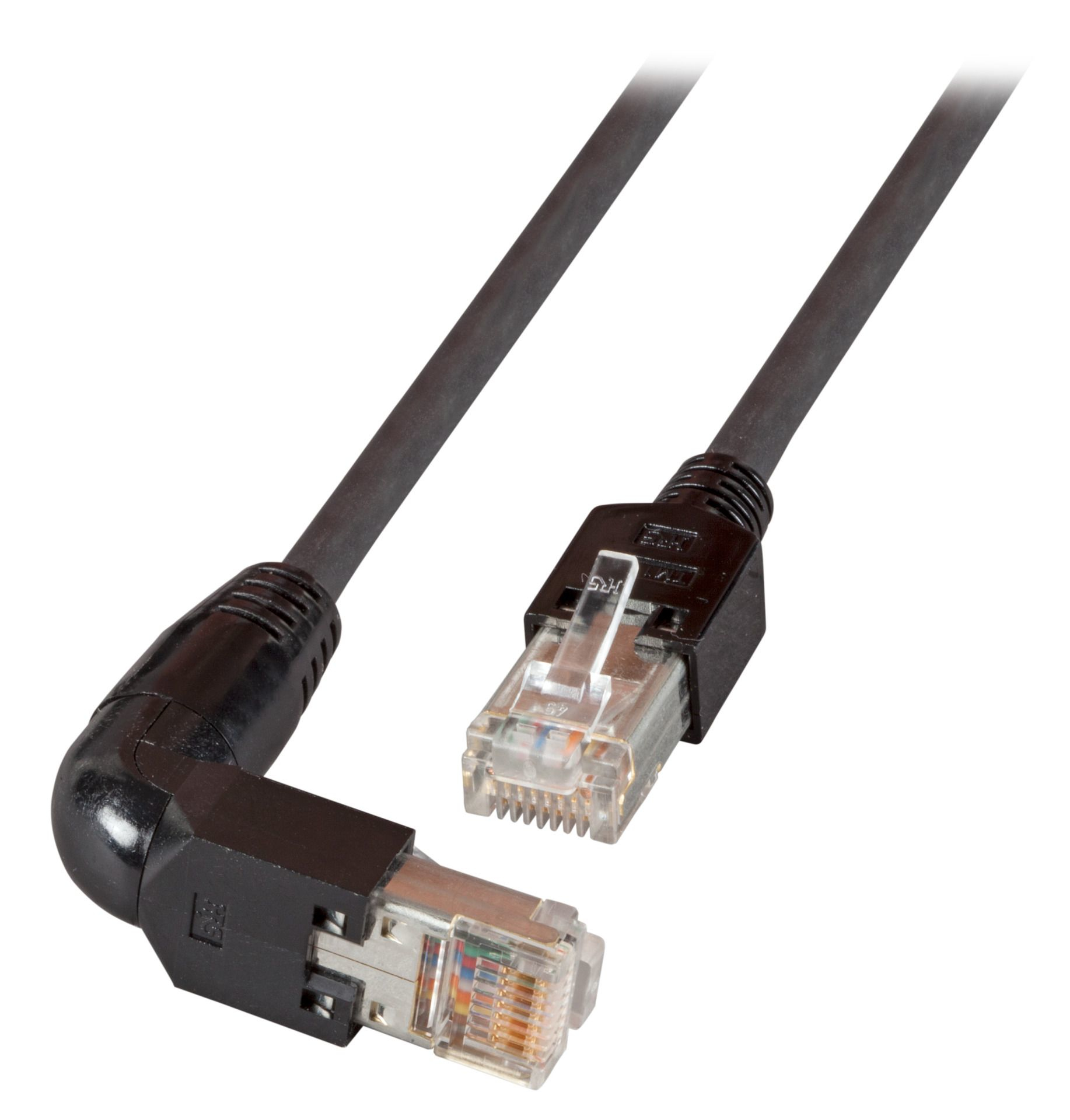 Cavo Ethernet nero. Due estremità con connettori trasparenti. Connettore angolato.